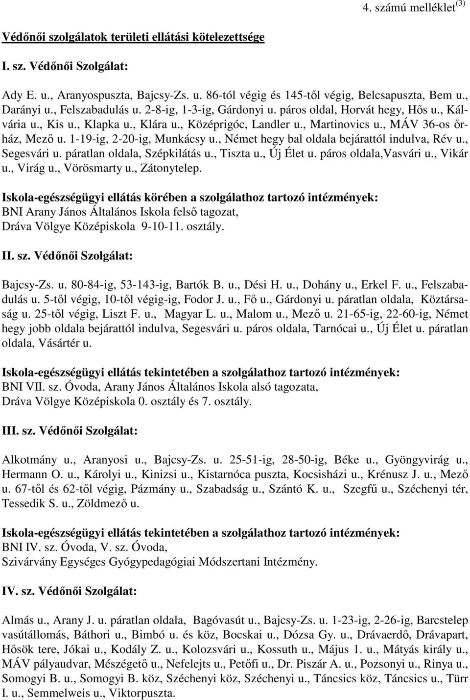 1-19-ig, 2-20-ig, Munkácsy u., Német hegy bal oldala bejárattól indulva, Rév u., Segesvári u. páratlan oldala, Szépkilátás u., Tiszta u., Új Élet u. páros oldala,vasvári u., Vikár u., Virág u.