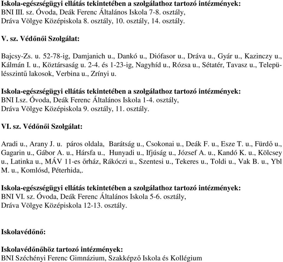 , Sétatér, Tavasz u., Településszintő lakosok, Verbina u., Zrínyi u. Iskola-egészségügyi ellátás tekintetében a szolgálathoz tartozó intézmények: BNI I.sz. Óvoda, Deák Ferenc Általános Iskola 1-4.