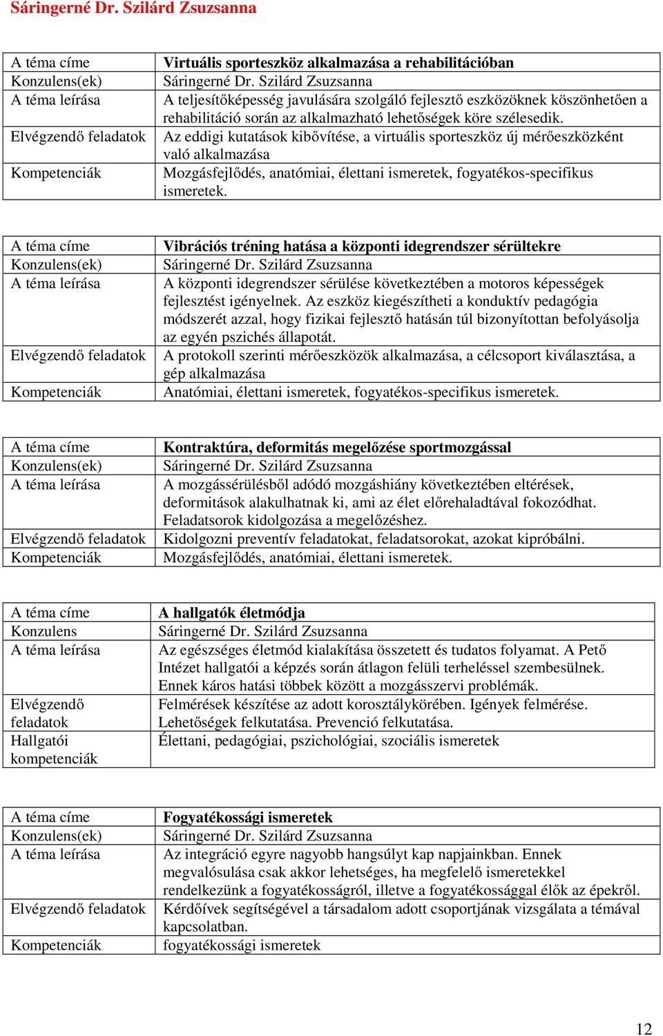 Az eddigi kutatások kibővítése, a virtuális sporteszköz új mérőeszközként való alkalmazása Mozgásfejlődés, anatómiai, élettani ismeretek, fogyatékos-specifikus ismeretek.