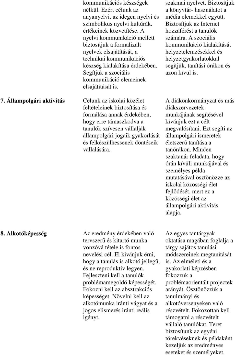 Állampolgári aktivitás Célunk az iskolai közélet feltételeinek biztosítása és formálása annak érdekében, hogy erre támaszkodva a tanulók szívesen vállalják állampolgári jogaik gyakorlását és