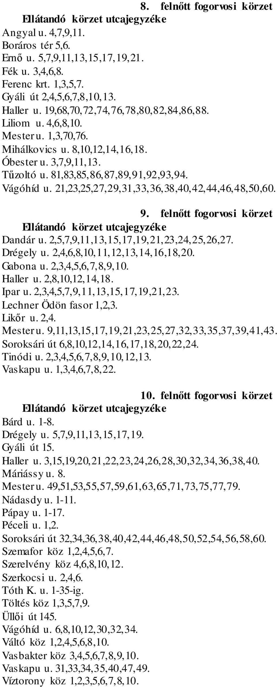 21,23,25,27,29,31,33,36,38,40,42,44,46,48,50,60. 9. felnőtt fogorvosi körzet Dandár u. 2,5,7,9,11,13,15,17,19,21,23,24,25,26,27. Drégely u. 2,4,6,8,10,11,12,13,14,16,18,20. Gabona u.