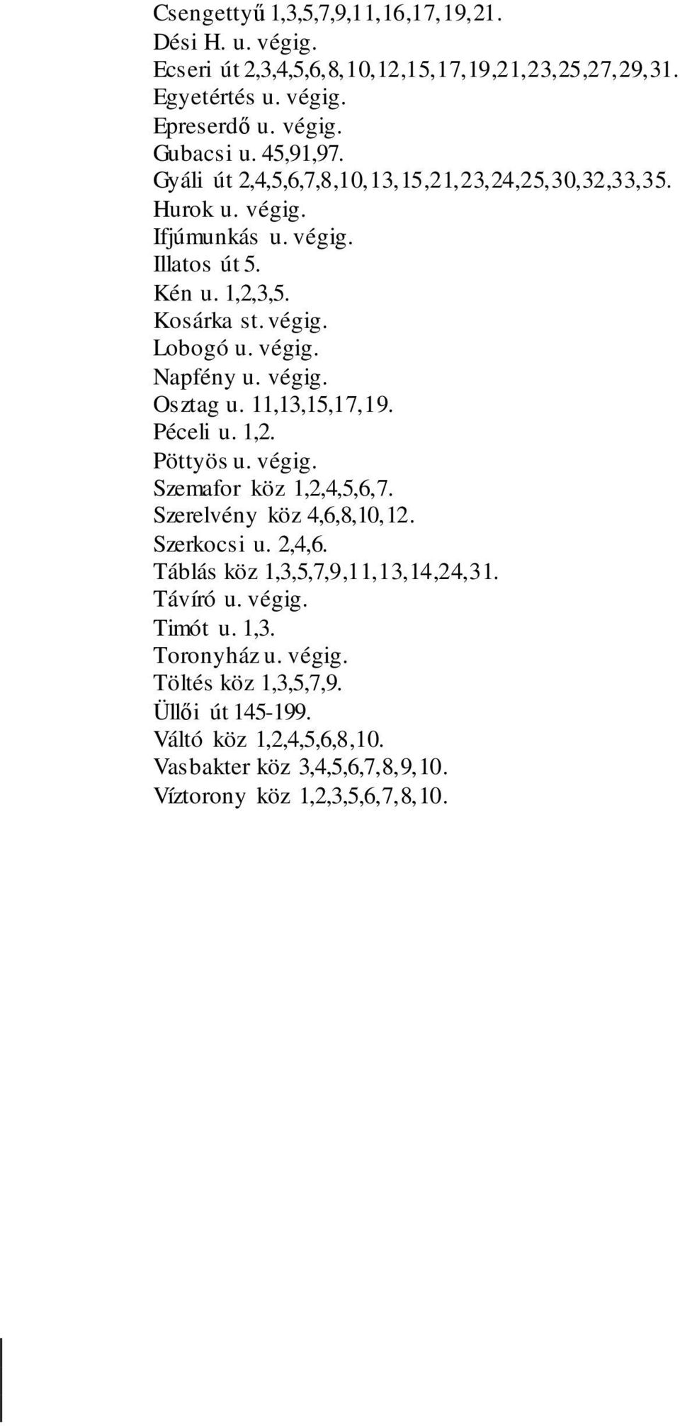 11,13,15,17,19. Péceli u. 1,2. Pöttyös u. végig. Szemafor köz 1,2,4,5,6,7. Szerelvény köz 4,6,8,10,12. Szerkocsi u. 2,4,6. Táblás köz 1,3,5,7,9,11,13,14,24,31. Távíró u.