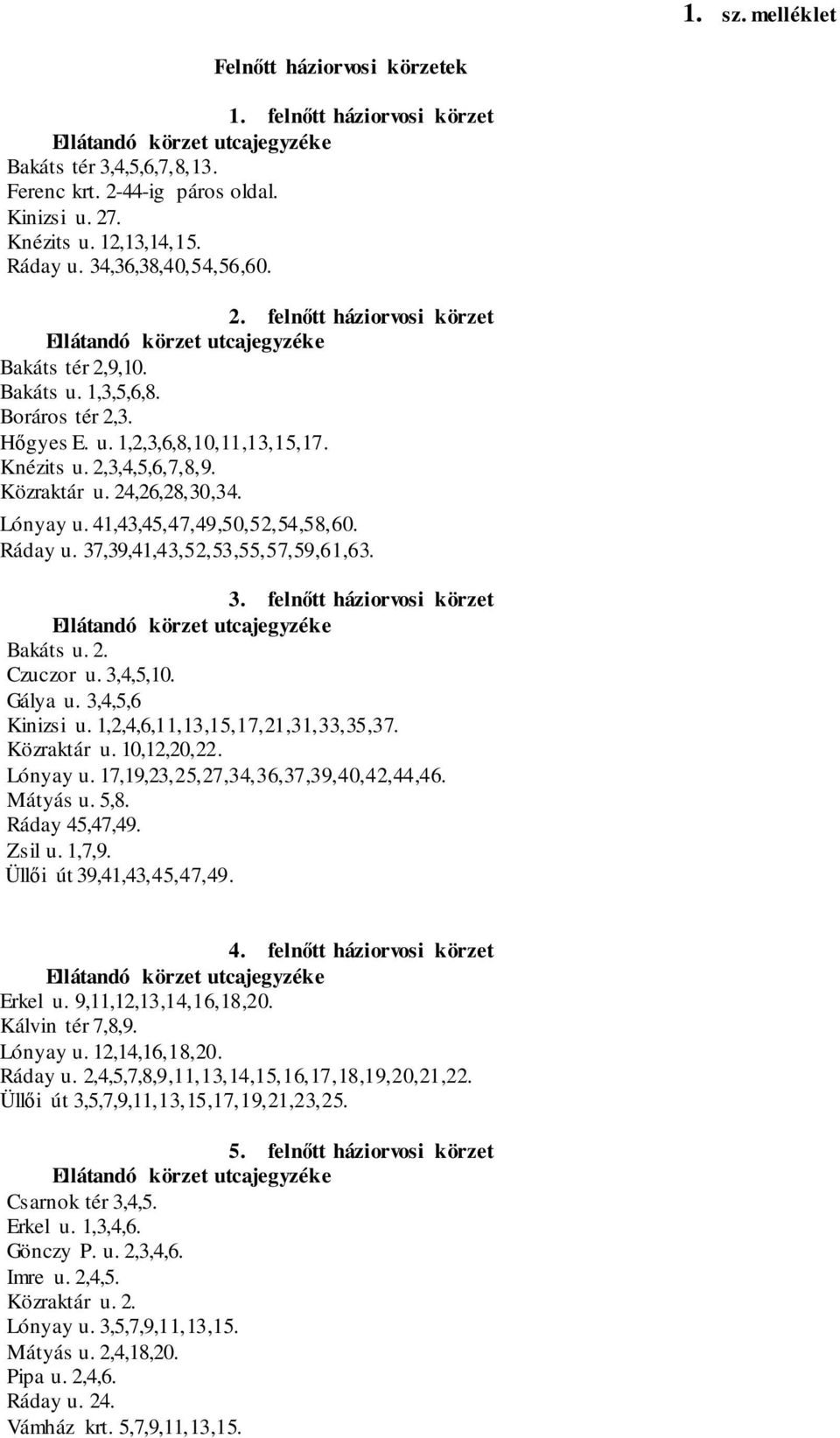 24,26,28,30,34. Lónyay u. 41,43,45,47,49,50,52,54,58,60. Ráday u. 37,39,41,43,52,53,55,57,59,61,63. 3. felnőtt háziorvosi körzet Bakáts u. 2. Czuczor u. 3,4,5,10. Gálya u. 3,4,5,6 Kinizsi u.