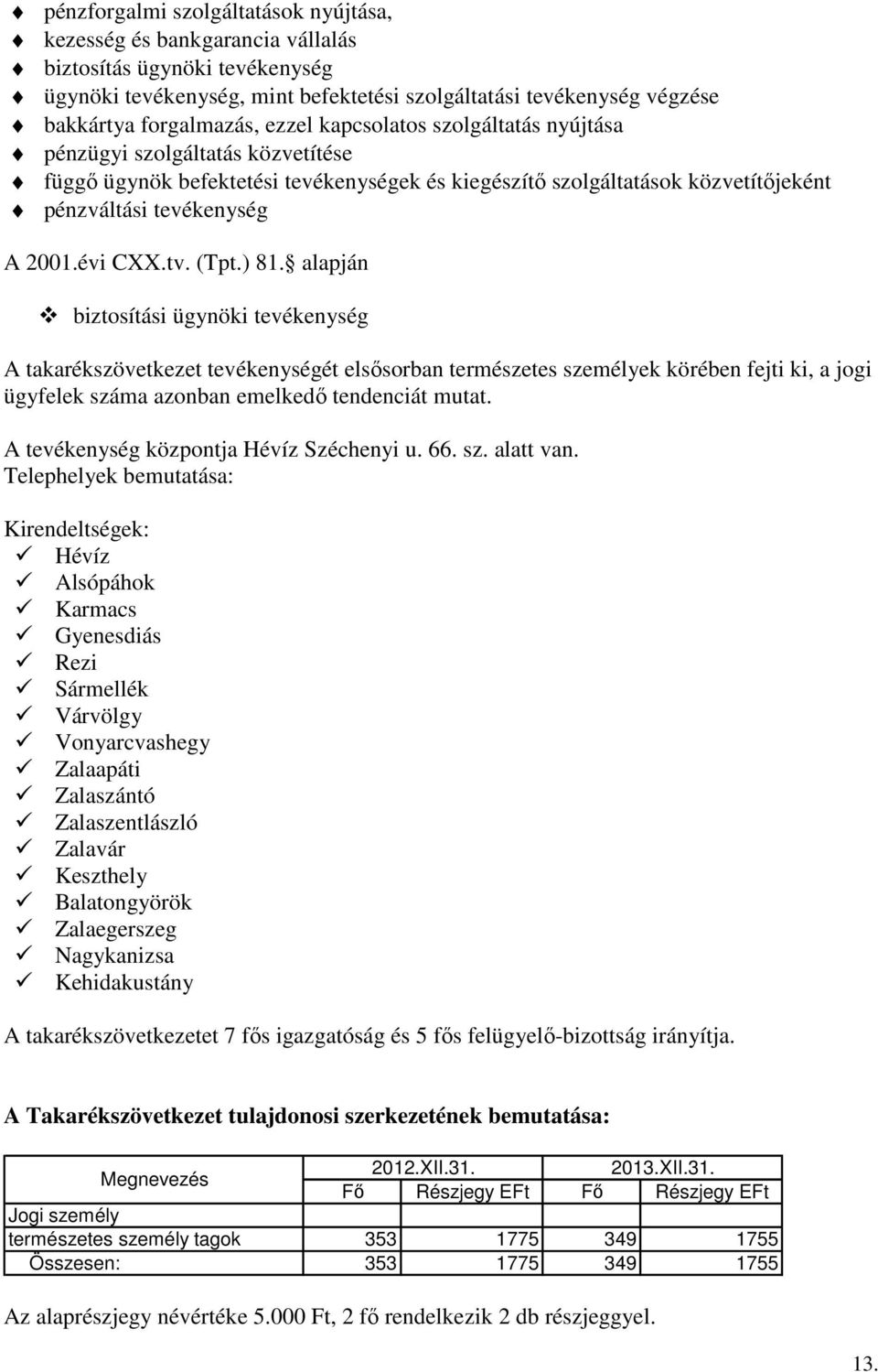 (Tpt.) 81. alapján biztosítási ügynöki tevékenység A takarékszövetkezet tevékenységét elsősorban természetes személyek körében fejti ki, a jogi ügyfelek száma azonban emelkedő tendenciát mutat.