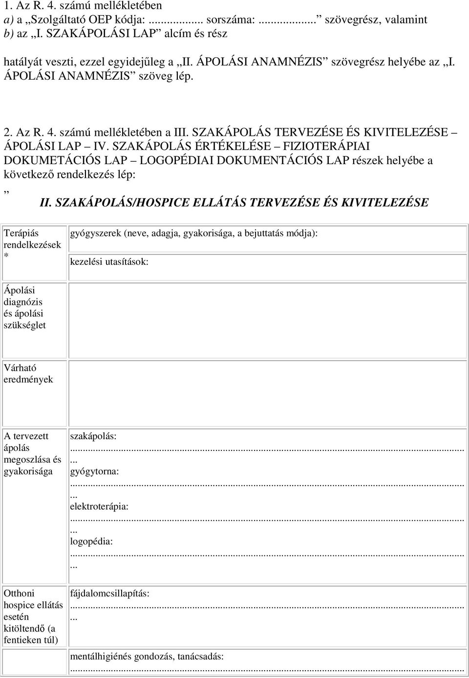 SZAKÁPOLÁS ÉRTÉKELÉSE FIZIOTERÁPIAI DOKUMETÁCIÓS LAP LOGOPÉDIAI DOKUMENTÁCIÓS LAP részek helyébe a következő rendelkezés lép: II.