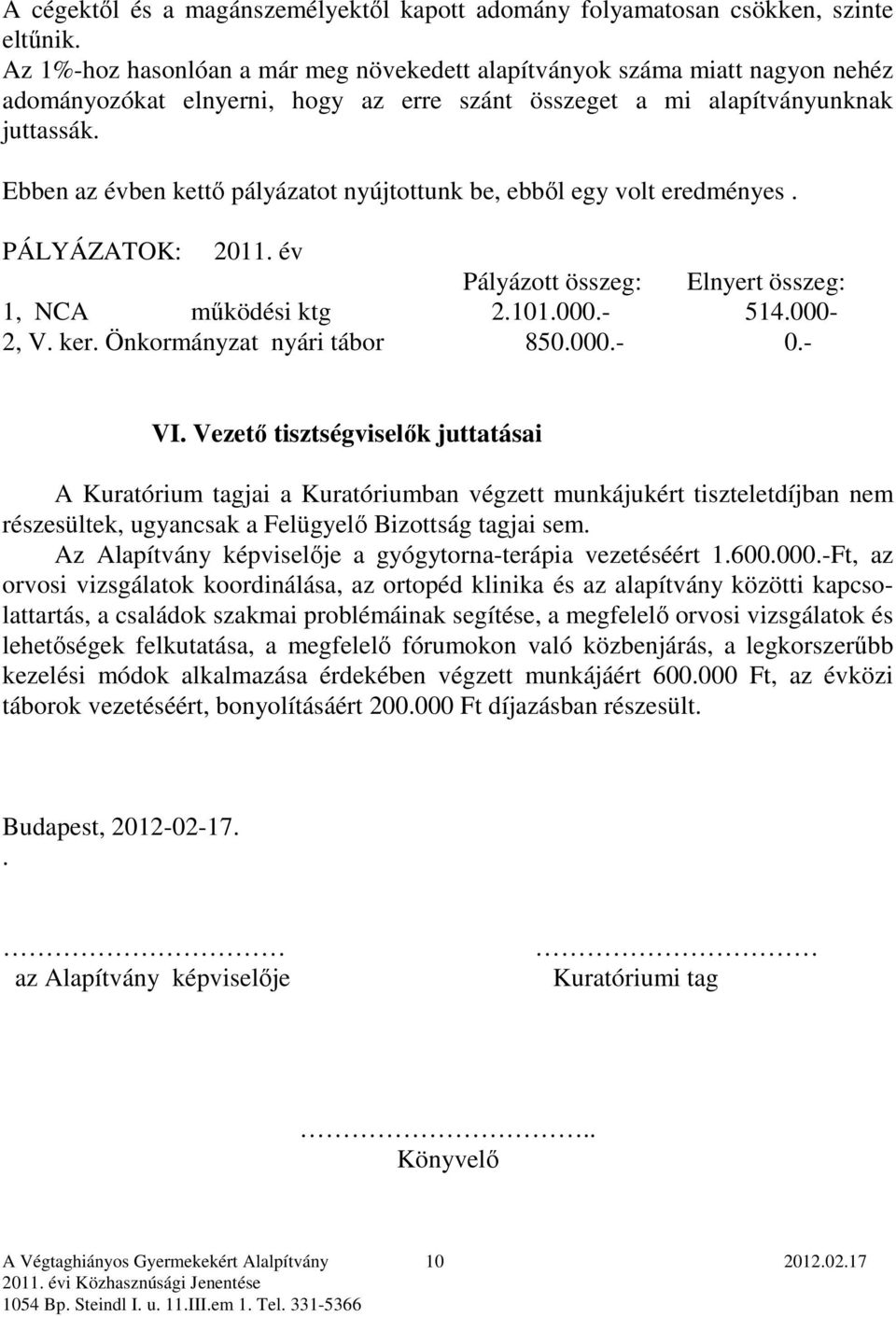 Ebben az évben kettı pályázatot nyújtottunk be, ebbıl egy volt eredményes. PÁLYÁZATOK: 2011. év Pályázott összeg: Elnyert összeg: 1, NCA mőködési ktg 2.101.000.- 514.000-2, V. ker.