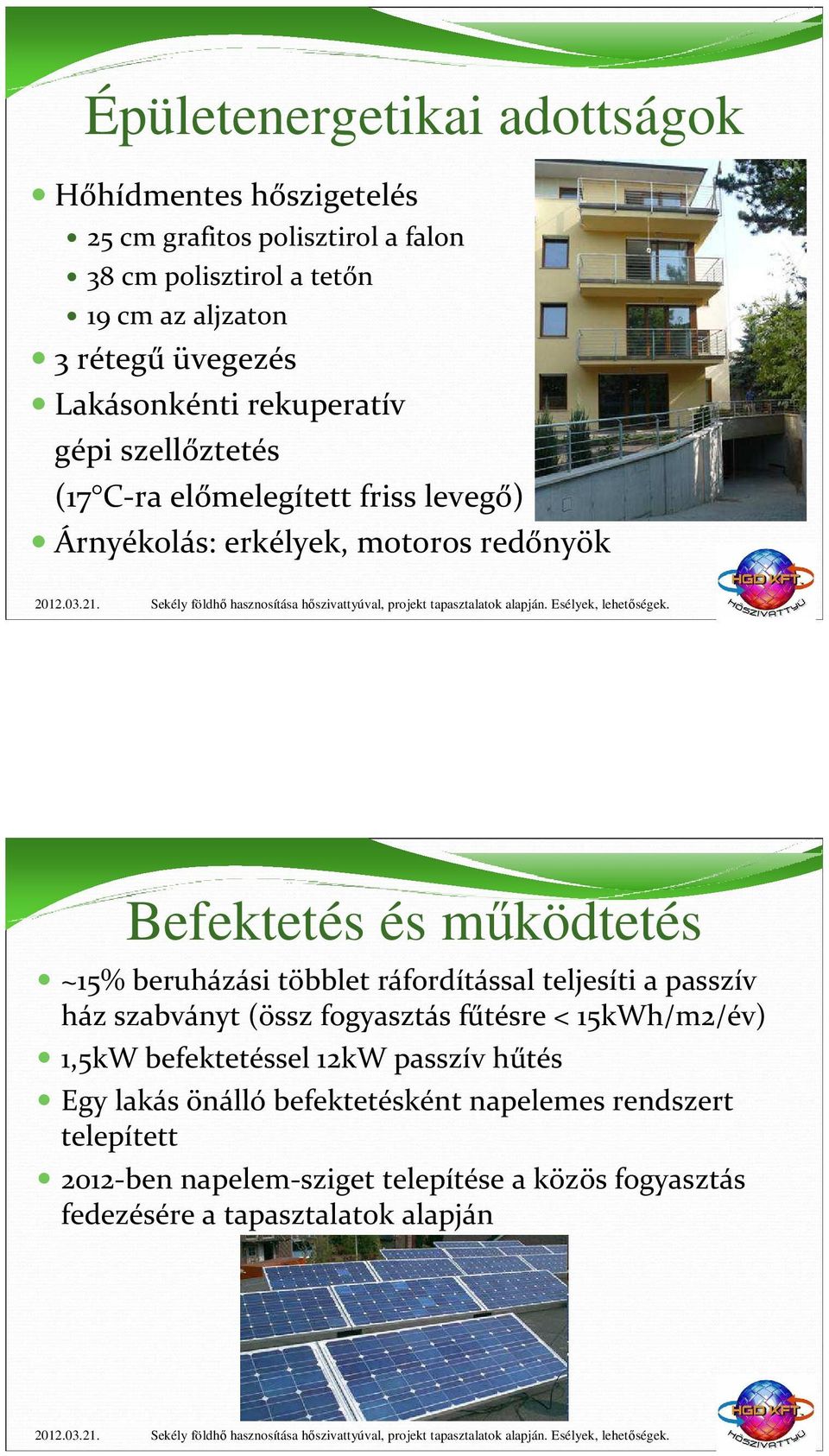 működtetés ~15% beruházási többlet ráfordítással teljesíti a passzív ház szabványt (össz fogyasztás fűtésre < 15kWh/m2/év) 1,5kW befektetéssel 12kW