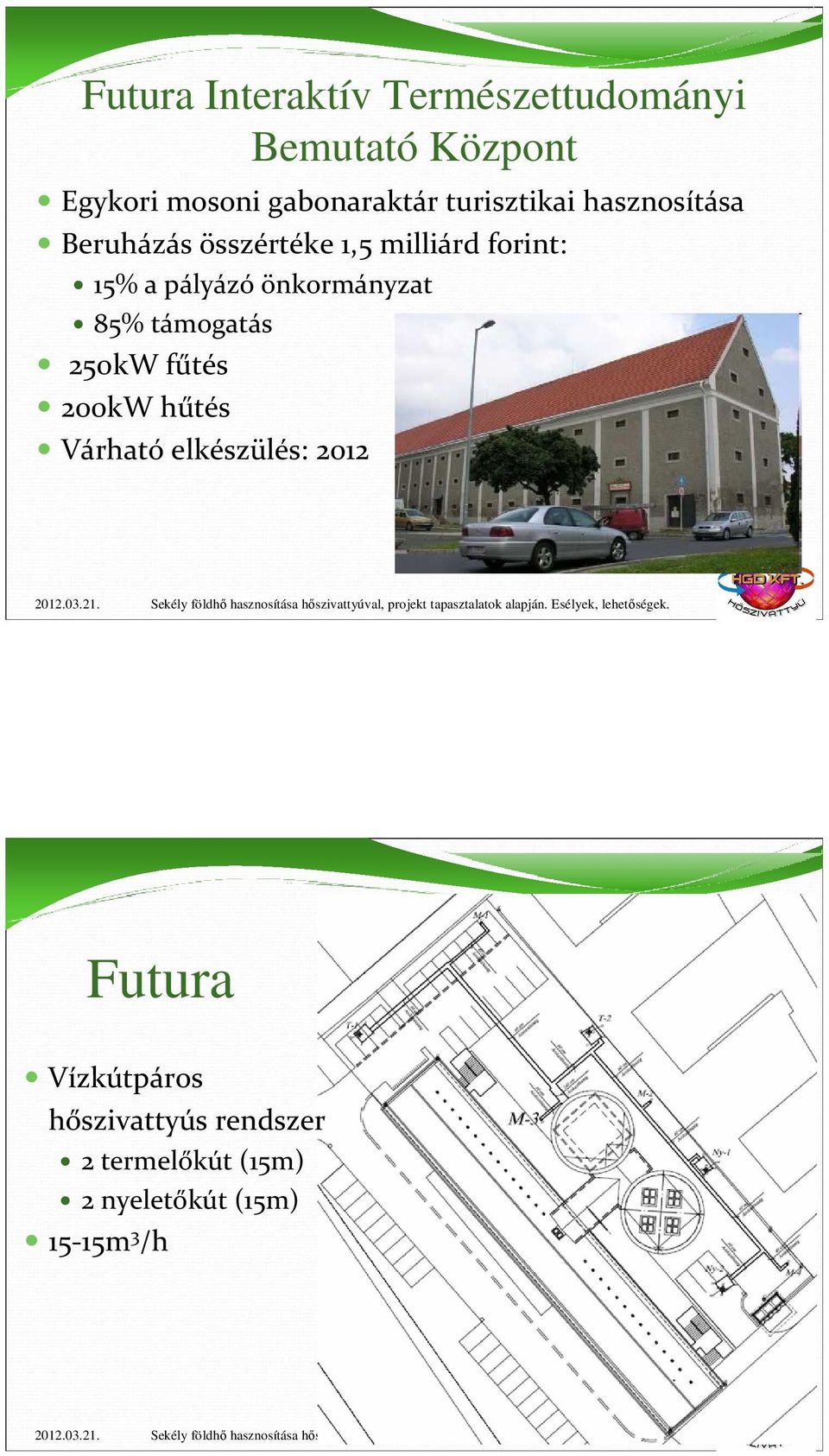 önkormányzat 85% támogatás 250kW fűtés 200kW hűtés Várható elkészülés: 2012 Futura