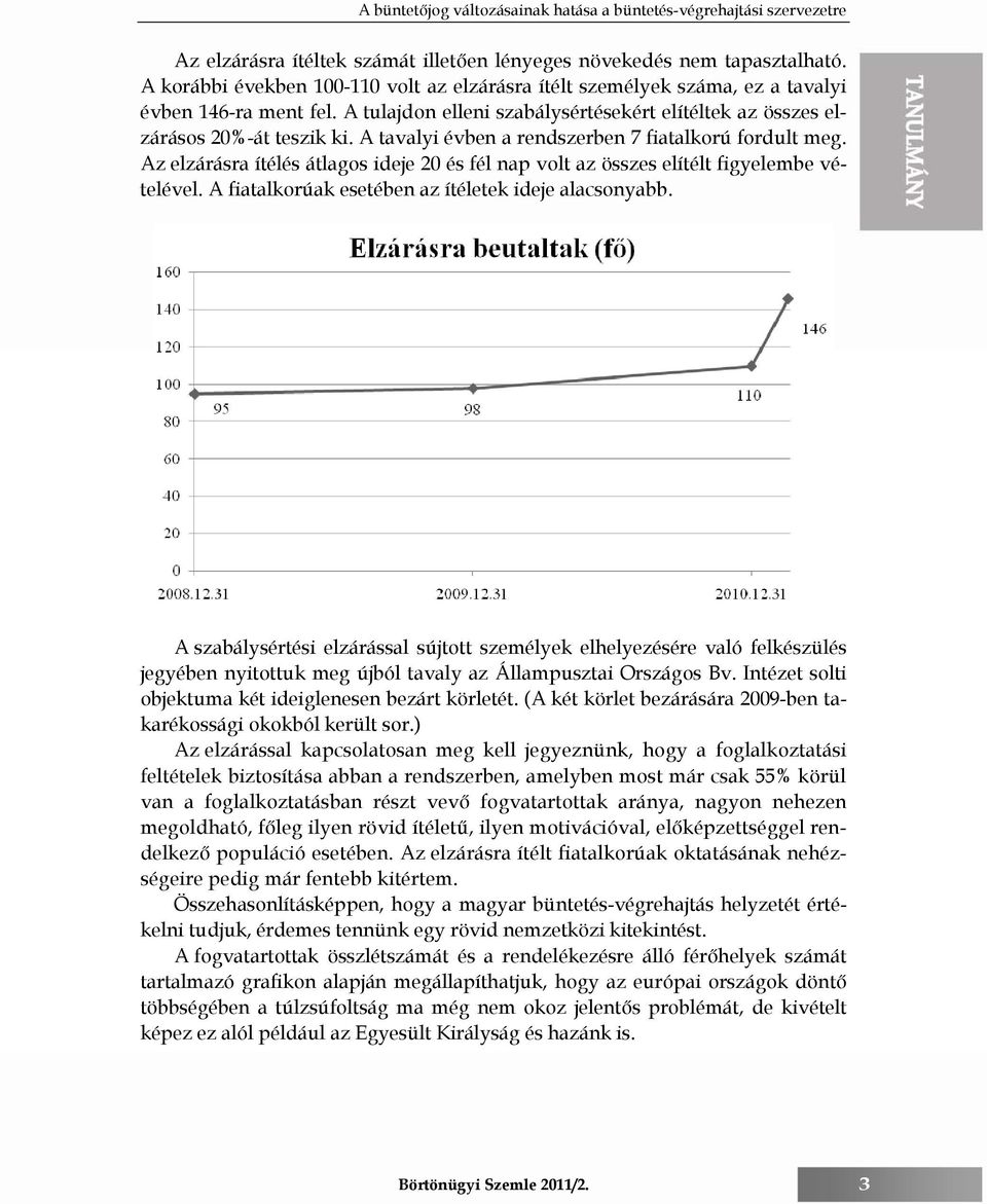 A tavalyi évben a rendszerben 7 fiatalkorú fordult meg. Az elzárásra ítélés átlagos ideje 20 és fél nap volt az összes elítélt figyelembe vételével.