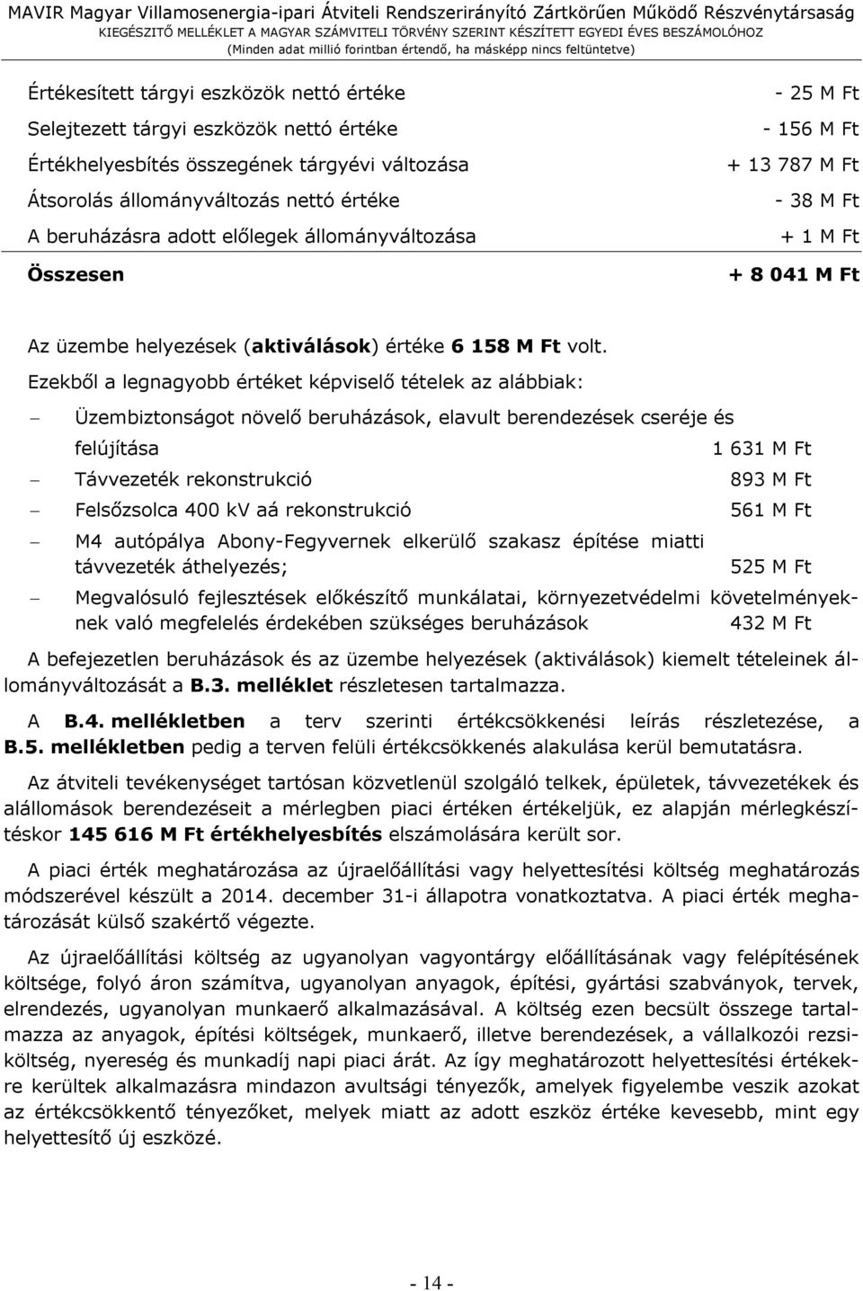 Ezekből a legnagyobb értéket képviselő tételek az alábbiak: Üzembiztonságot növelő beruházások, elavult berendezések cseréje és felújítása 1 631 M Ft Távvezeték rekonstrukció 893 M Ft Felsőzsolca 400