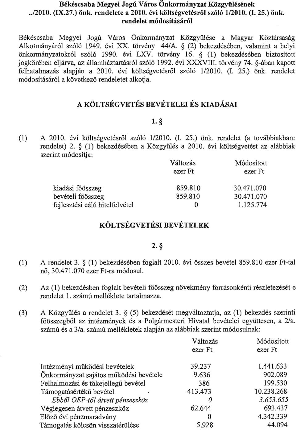 törvény 74. -ában kapott felhatalmazás alapján a 2010. évi költségvetésről szóló 112010. (I. 25.) önk. rendelet módosításáról a következő rendeletet alkotja. A KÖLTSÉGVETÉS BEVÉTELEI ÉS KIADÁSAI l.