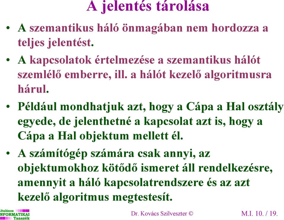 Például mondhatjuk azt, hogy a Cápa a Hal osztály egyede, de jelenthetné a kapcsolat azt is, hogy a Cápa a Hal objektum mellett
