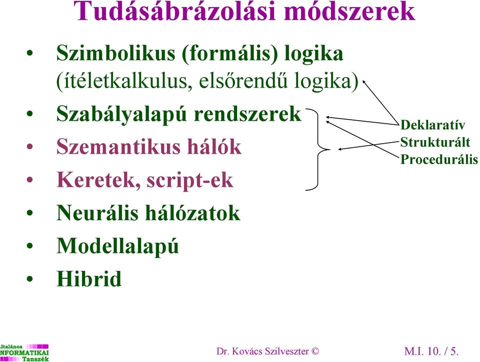 Szemantikus hálók Keretek, script-ek Neurális hálózatok