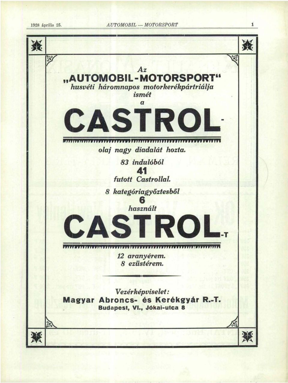 CASTROL ^ m olaj nagy diadalát 83 indulóhói futott 41 Castrollal. hozta.