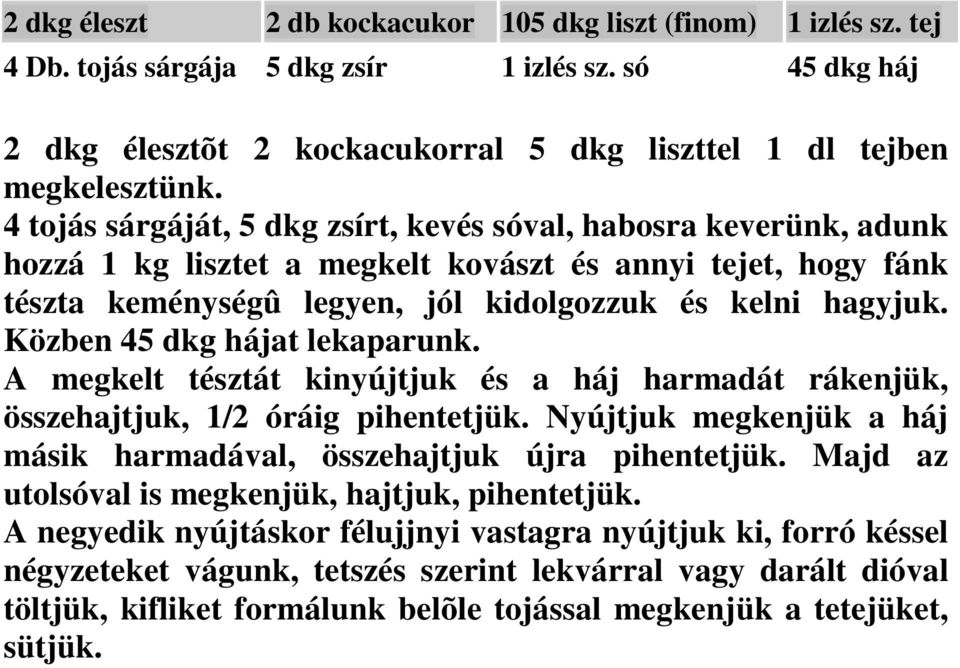 Közben 45 dkg hájat lekaparunk. A megkelt tésztát kinyújtjuk és a háj harmadát rákenjük, összehajtjuk, 1/2 óráig pihentetjük. Nyújtjuk megkenjük a háj másik harmadával, összehajtjuk újra pihentetjük.