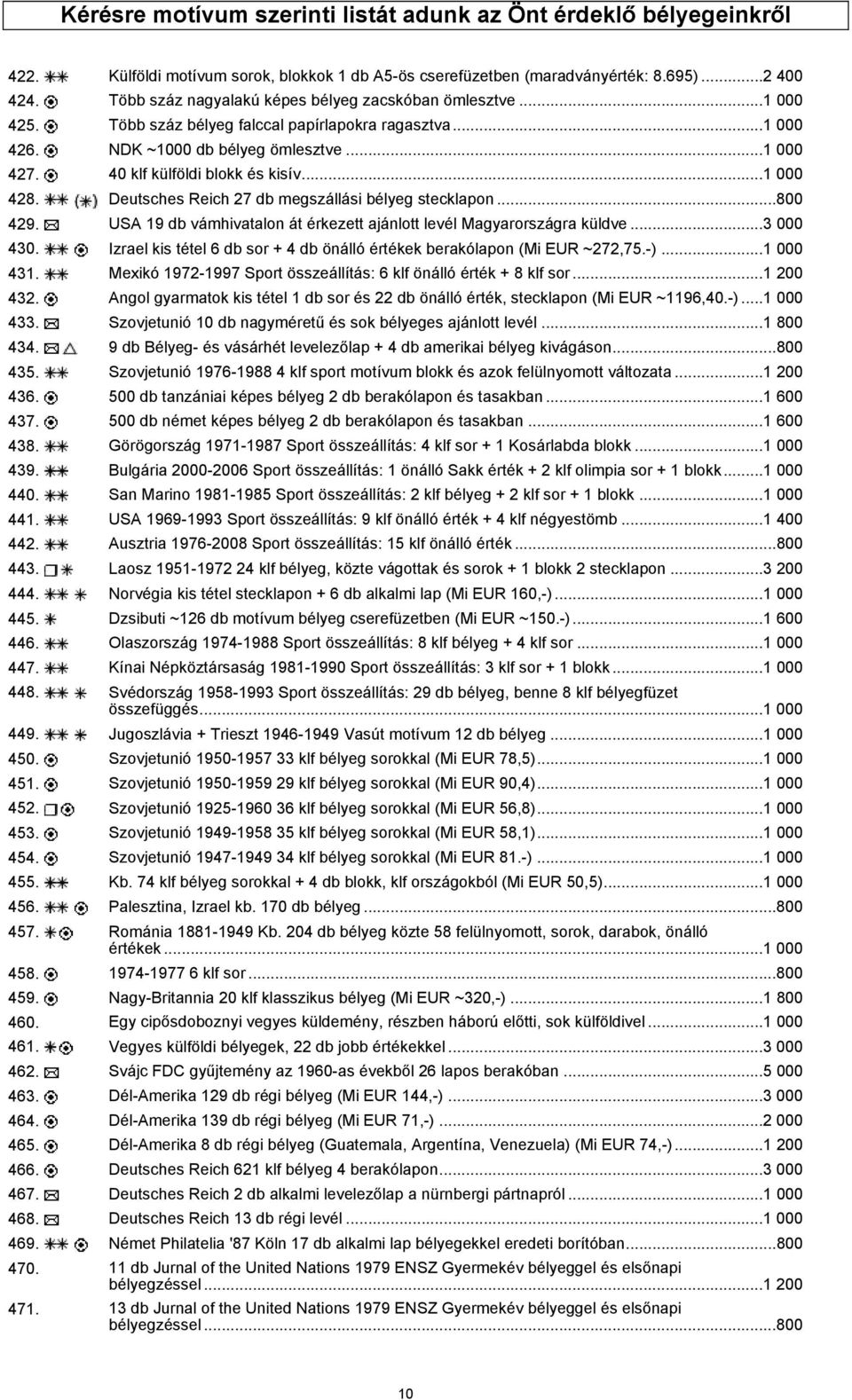 40 klf külföldi blokk és kisív...1 000 428. Deutsches Reich 27 db megszállási bélyeg stecklapon...800 429. USA 19 db vámhivatalon át érkezett ajánlott levél Magyarországra küldve...3 000 430.