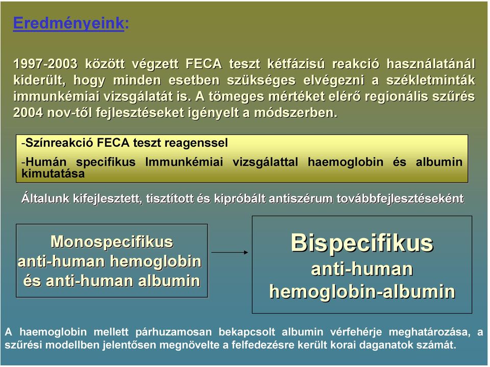 m -Színreakció FECA teszt reagenssel -Humán specifikus Immunkémiai vizsgálattal haemoglobin és albumin kimutatása Általunk kifejlesztett, tisztított tott és s kipróbált antiszérum
