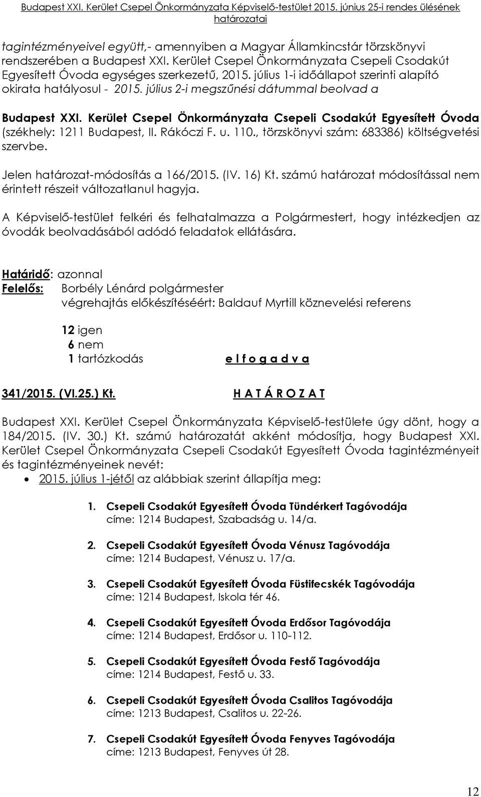 Kerület Csepel Önkormányzata Csepeli Csodakút Egyesített Óvoda (székhely: 1211 Budapest, II. Rákóczi F. u. 110., törzskönyvi szám: 683386) költségvetési szervbe. Jelen határozat-módosítás a 166/2015.