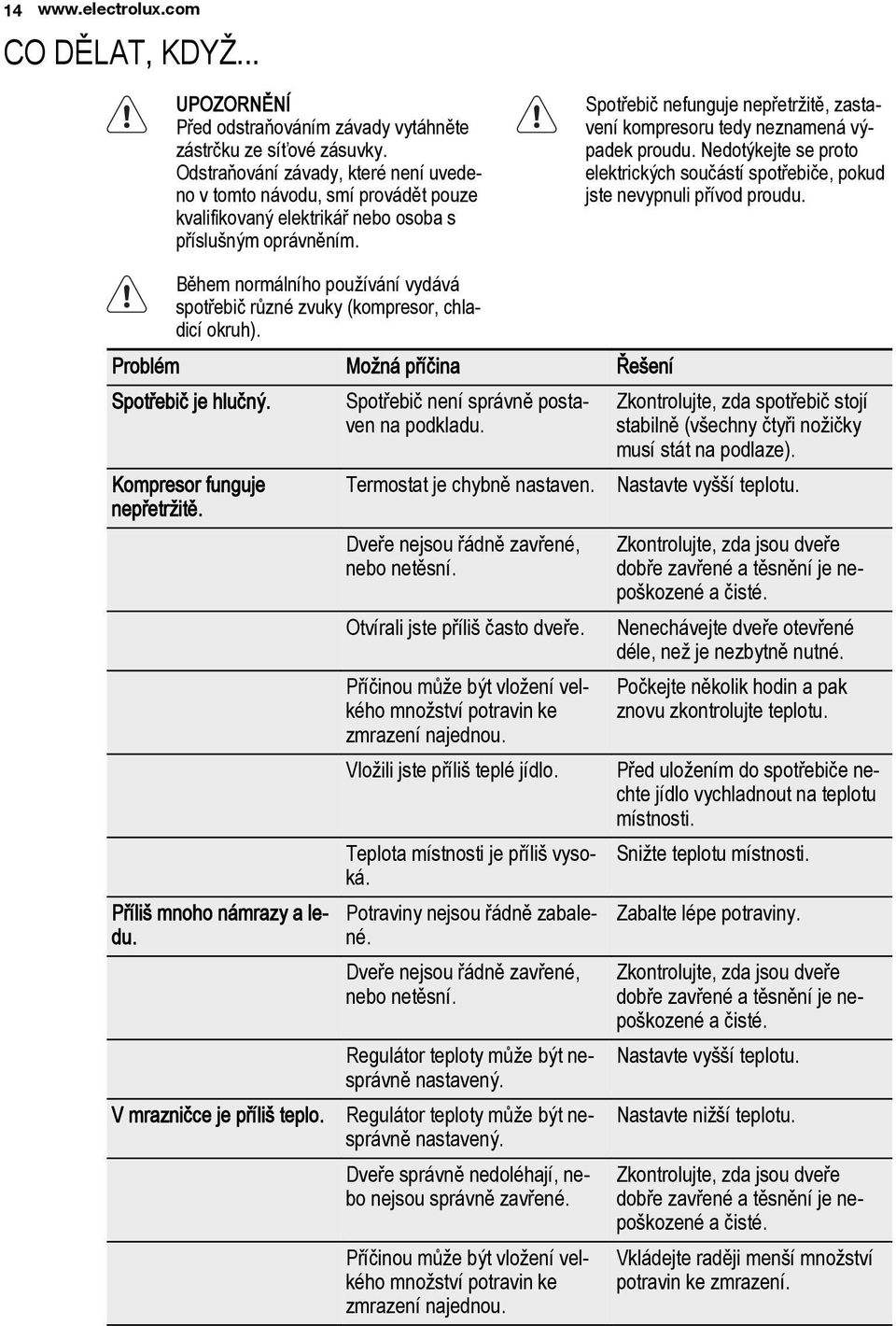 Spotřebič nefunguje nepřetržitě, zastavení kompresoru tedy neznamená výpadek proudu. Nedotýkejte se proto elektrických součástí spotřebiče, pokud jste nevypnuli přívod proudu.