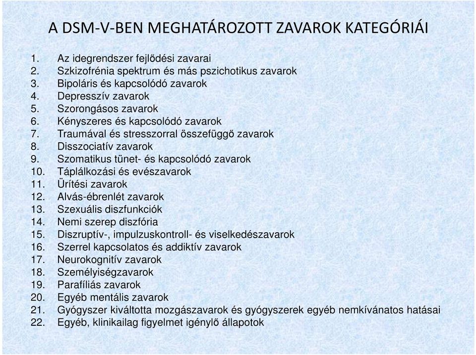 Táplálkozási és evészavarok 11. Ürítési zavarok 12. Alvás-ébrenlét zavarok 13. Szexuális diszfunkciók 14. Nemi szerep diszfória 15. Diszruptív-, impulzuskontroll- és viselkedészavarok 16.