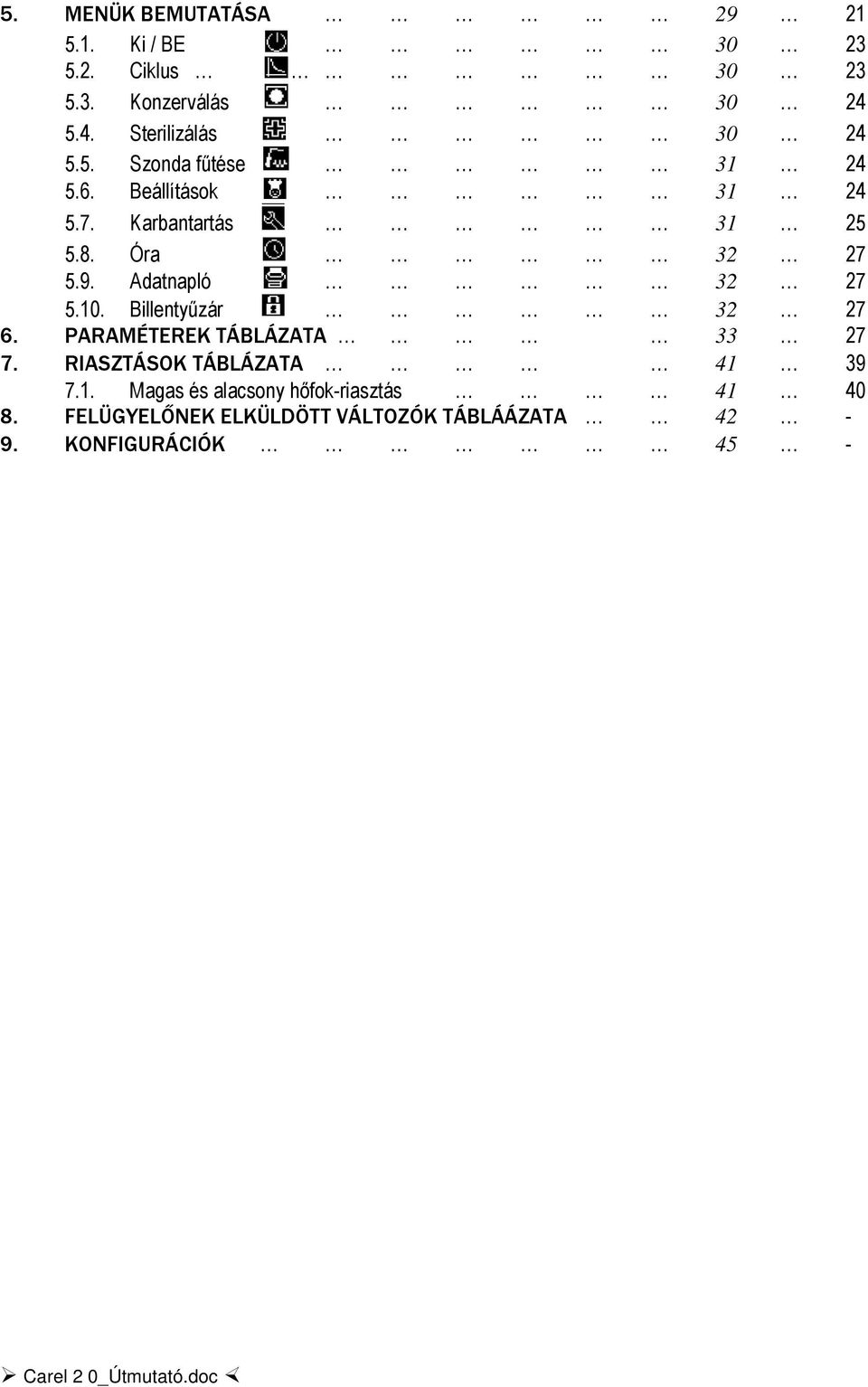 Óra 32 27 5.9. Adatnapló 32 27 5.10. Billentyűzár 32 27 6. PARAMÉTEREK TÁBLÁZATA 33 27 7.
