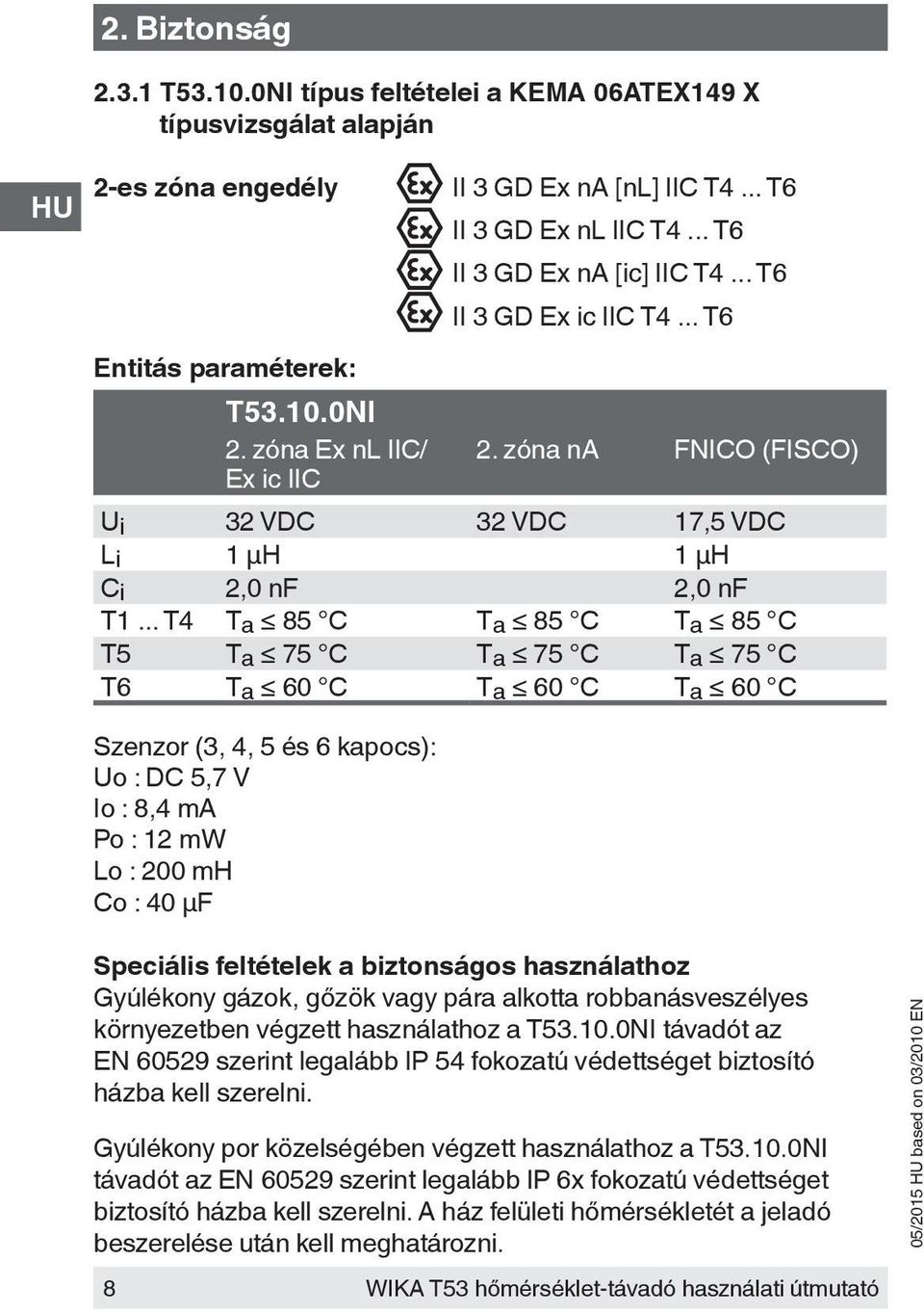 .. T4 T a 85 C T a 85 C T a 85 C T5 T a 75 C T a 75 C T a 75 C T6 T a 60 C T a 60 C T a 60 C Szenzor (3, 4, 5 és 6 kapocs): Uo : DC 5,7 V Io : 8,4 ma Po : 12 mw Lo : 200 mh Co : 40 µf Speciális