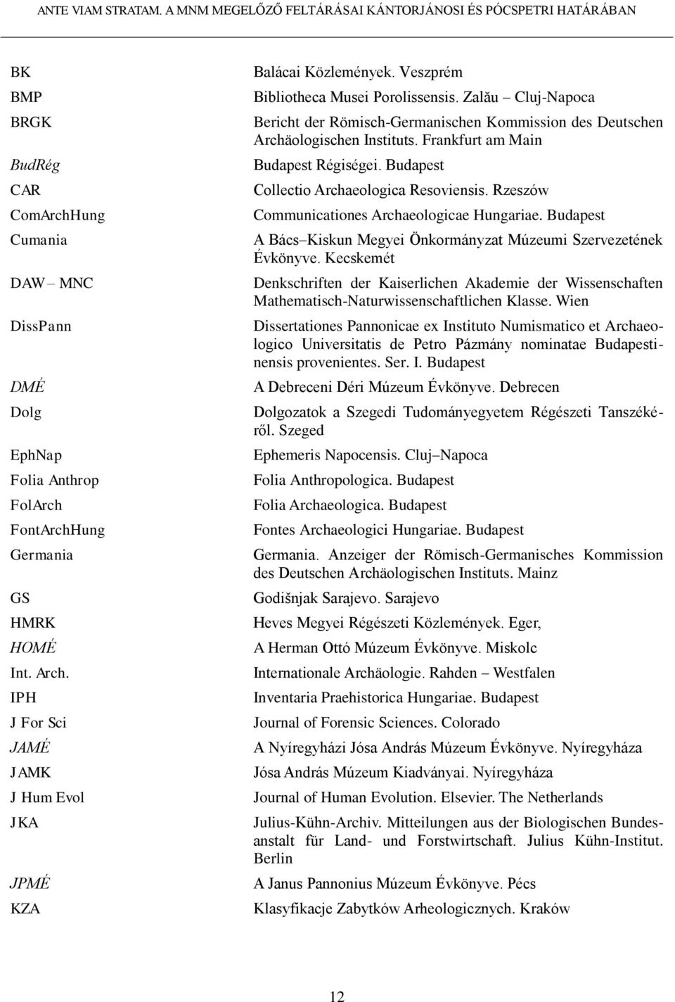 Arch. IPH J For Sci JAMÉ JAMK J Hum Evol JKA JPMÉ KZA Balácai Közlemények. Veszprém Bibliotheca Musei Porolissensis.