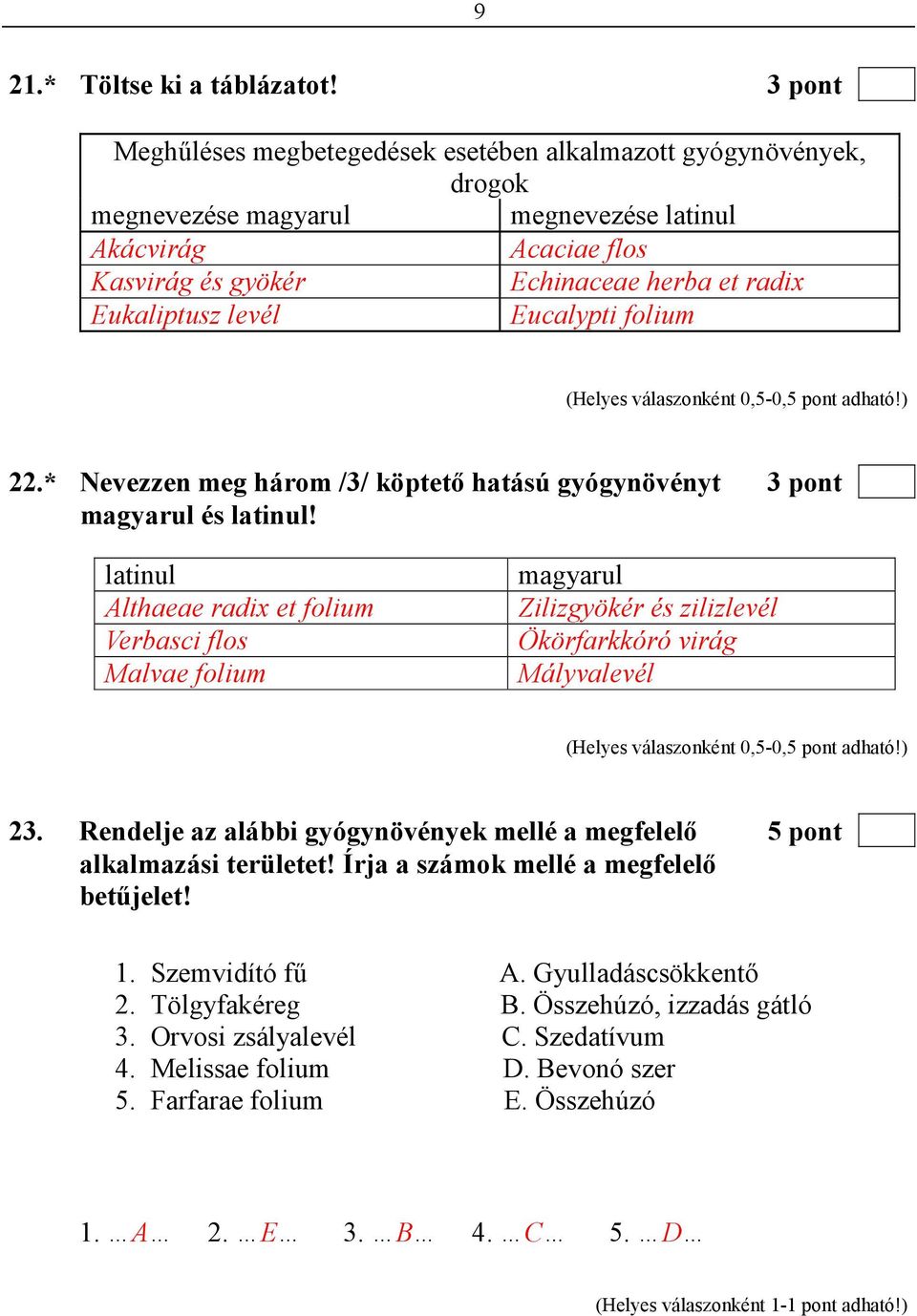 levél Eucalypti folium (Helyes válaszonként 0,5-0,5 pont adható!) 22.* Nevezzen meg három /3/ köptetı hatású gyógynövényt 3 pont magyarul és latinul!