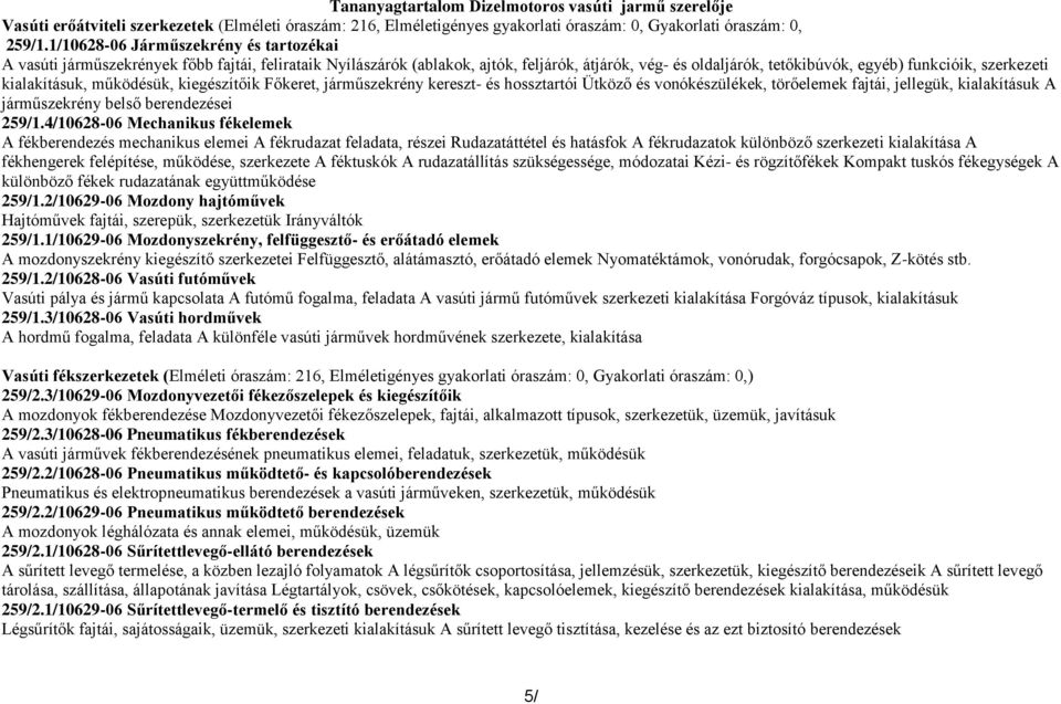 kialakításuk, működésük, kiegészítőik Főkeret, járműszekrény kereszt- és hossztartói Ütköző és vonókészülékek, törőelemek fajtái, jellegük, kialakításuk A járműszekrény belső berendezései 259/1.