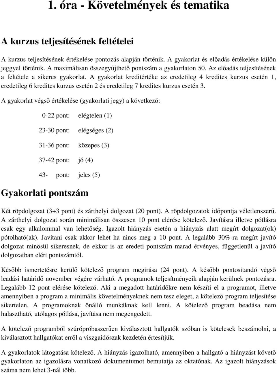 gyakorlat kreditértéke az eredetileg 4 kredites kurzus esetén 1, eredetileg 6 kredites kurzus esetén 2 és eredetileg 7 kredites kurzus esetén 3.