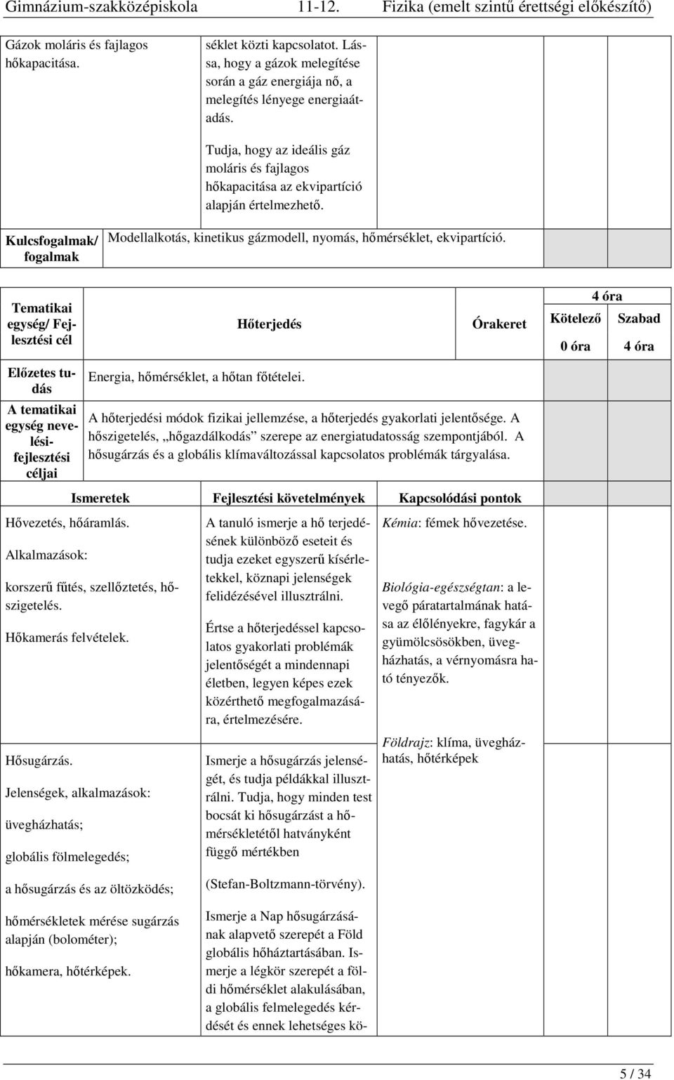 Kulcsfogalmak/ fogalmak Modellalkotás, kinetikus gázmodell, nyomás, hőmérséklet, ekvipartíció.