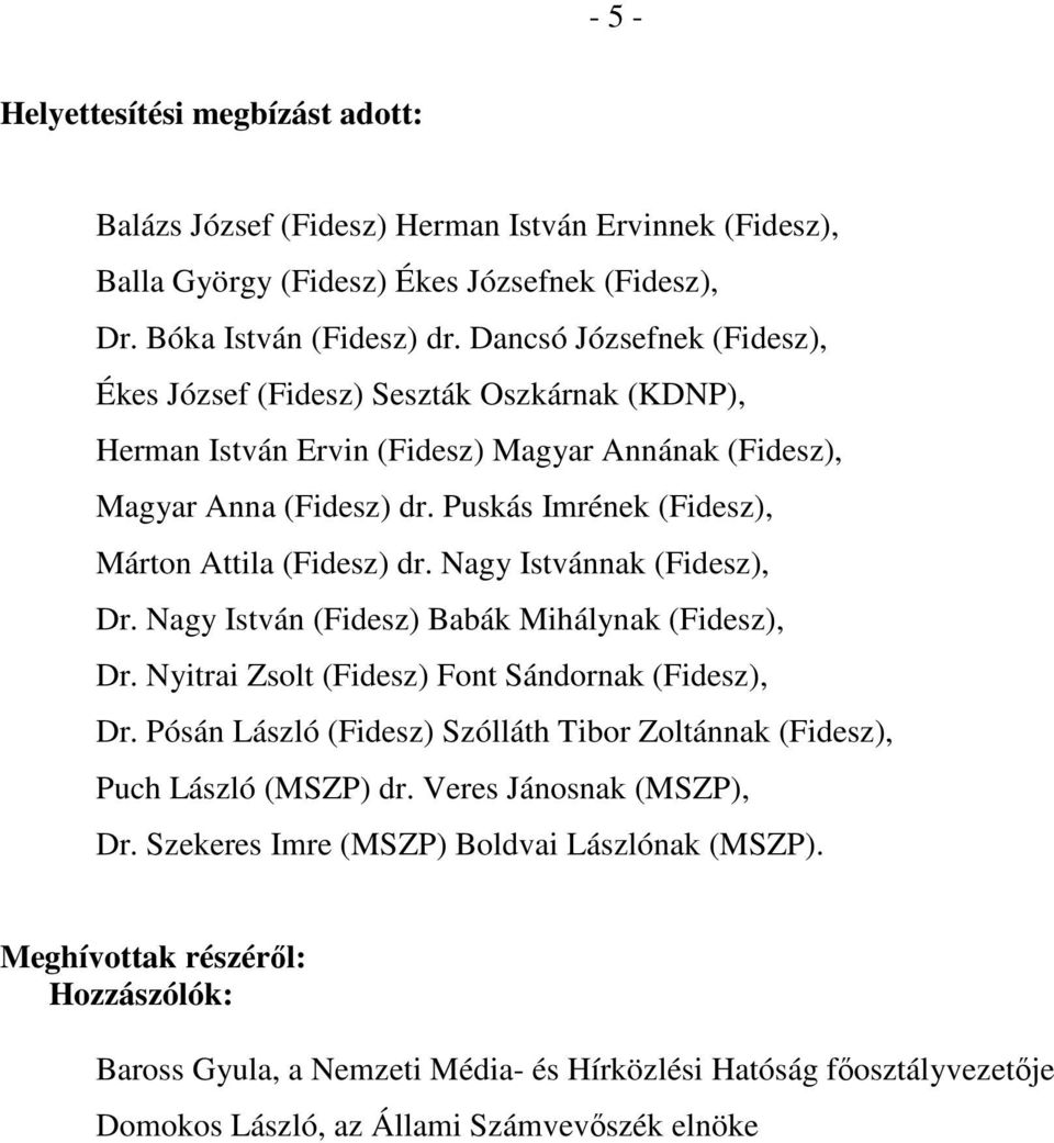 Puskás Imrének (Fidesz), Márton Attila (Fidesz) dr. Nagy Istvánnak (Fidesz), Dr. Nagy István (Fidesz) Babák Mihálynak (Fidesz), Dr. Nyitrai Zsolt (Fidesz) Font Sándornak (Fidesz), Dr.