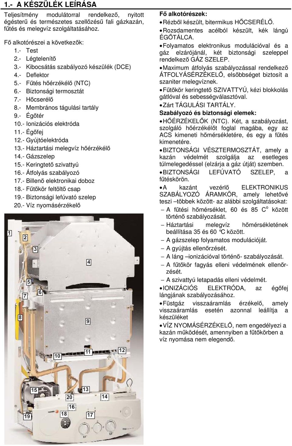 - Ionizációs elektróda 11.- Égőfej 12.- Gyújtóelektróda 13.- Háztartási melegvíz hőérzékélő 14.- Gázszelep 15.- Keringtető szivattyú 16.- Átfolyás szabályozó 17.- Billenő elektronikai doboz 18.