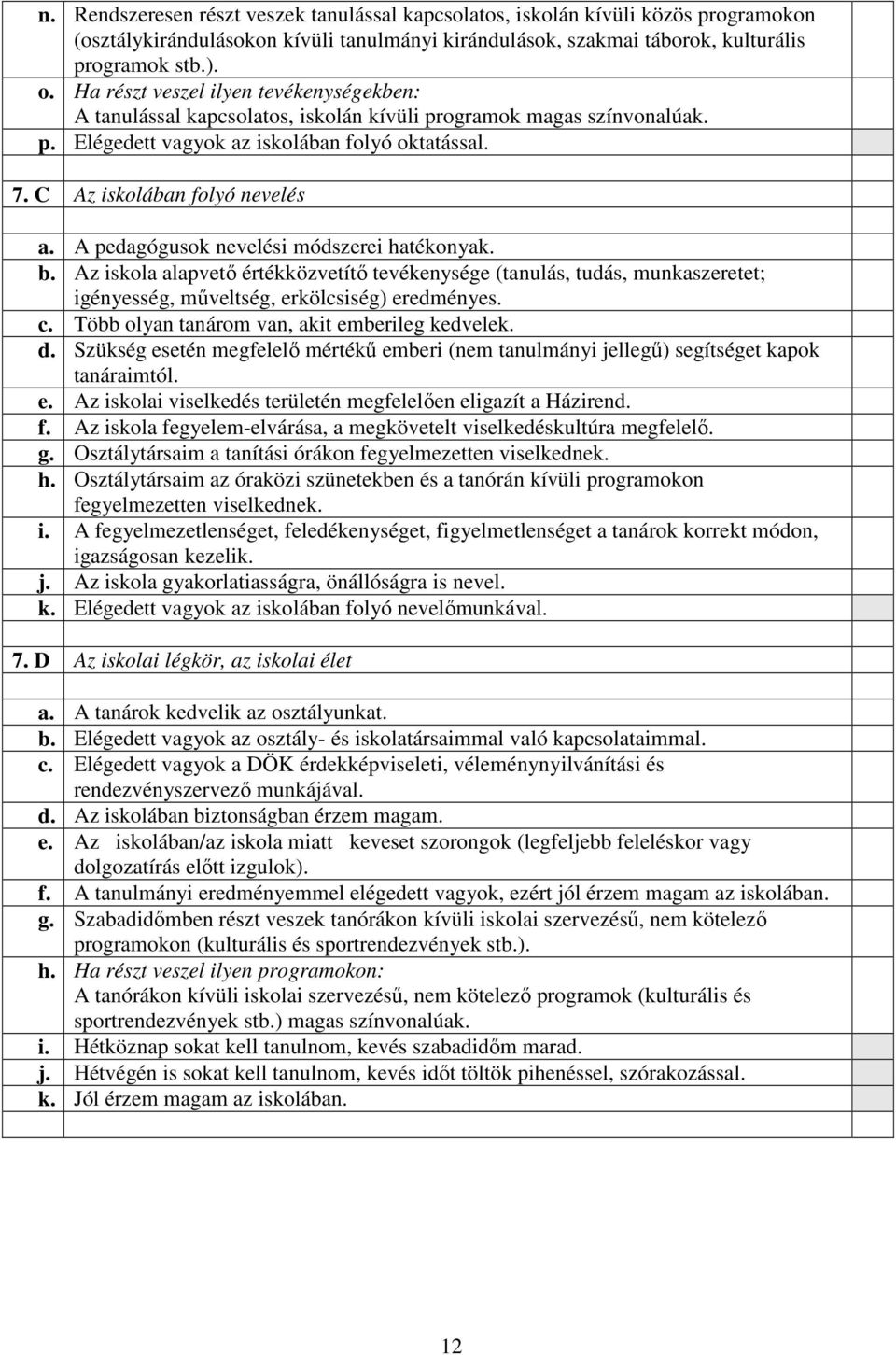 A pedagógusok nevelési módszerei hatékonyak. b. Az iskola alapvetı értékközvetítı tevékenysége (tanulás, tudás, munkaszeretet; igényesség, mőveltség, erkölcsiség) eredményes. c.