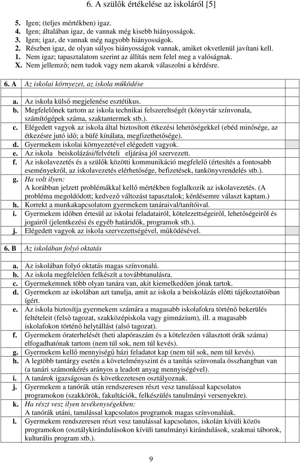 Nem jellemzı; nem tudok vagy nem akarok válaszolni a kérdésre. 6. A Az iskolai környezet, az iskola mőködése a. Az iskola külsı megjelenése esztétikus. b.