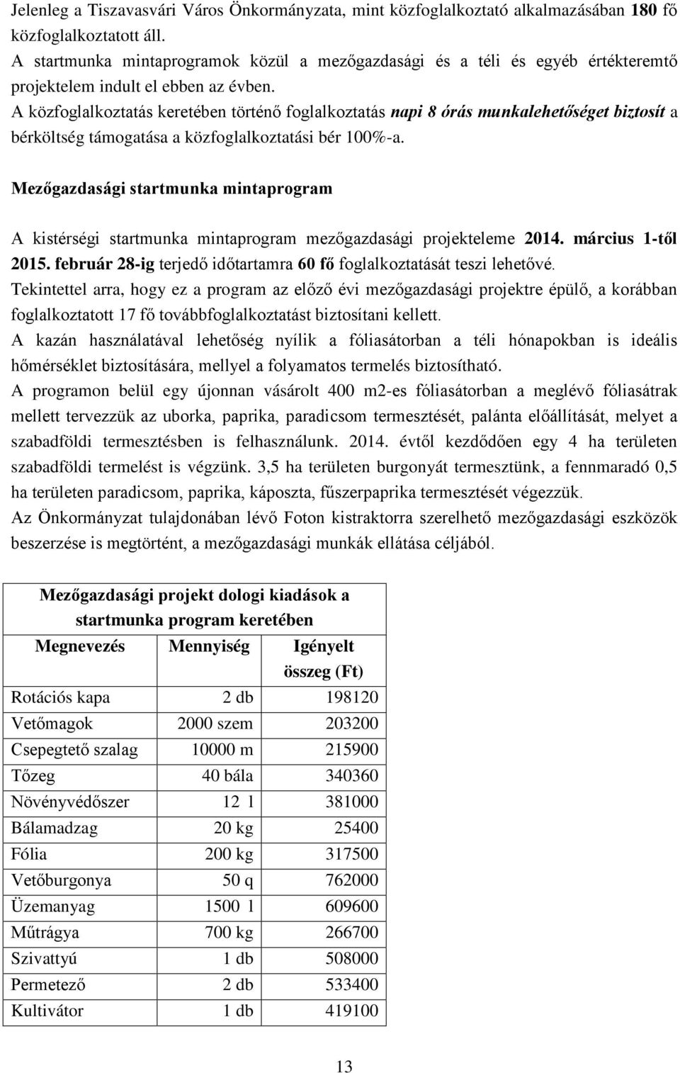 A közfoglalkoztatás keretében történő foglalkoztatás napi 8 órás munkalehetőséget biztosít a bérköltség támogatása a közfoglalkoztatási bér 100%-a.