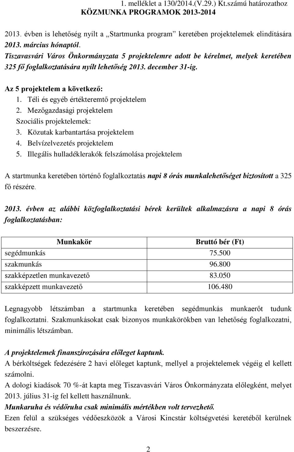 Téli és egyéb értékteremtő projektelem 2. Mezőgazdasági projektelem Szociális projektelemek: 3. Közutak karbantartása projektelem 4. Belvízelvezetés projektelem 5.