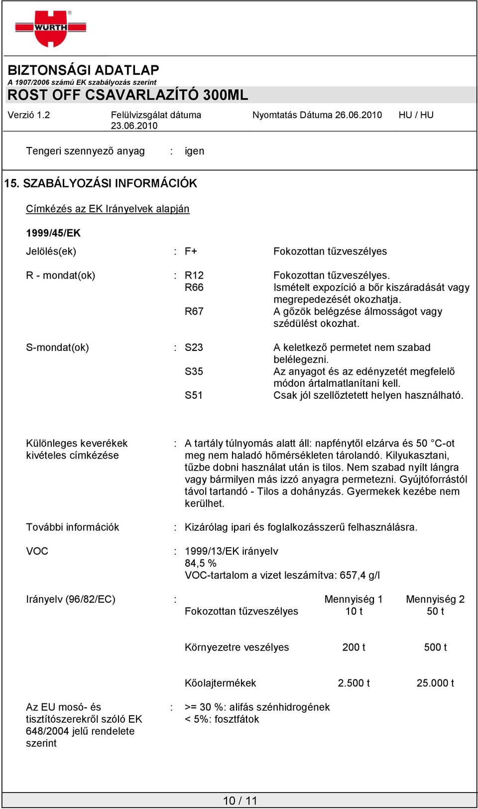 S35 Az anyagot és az edényzetét megfelelő módon ártalmatlanítani kell. S51 Csak jól szellőztetett helyen használható.