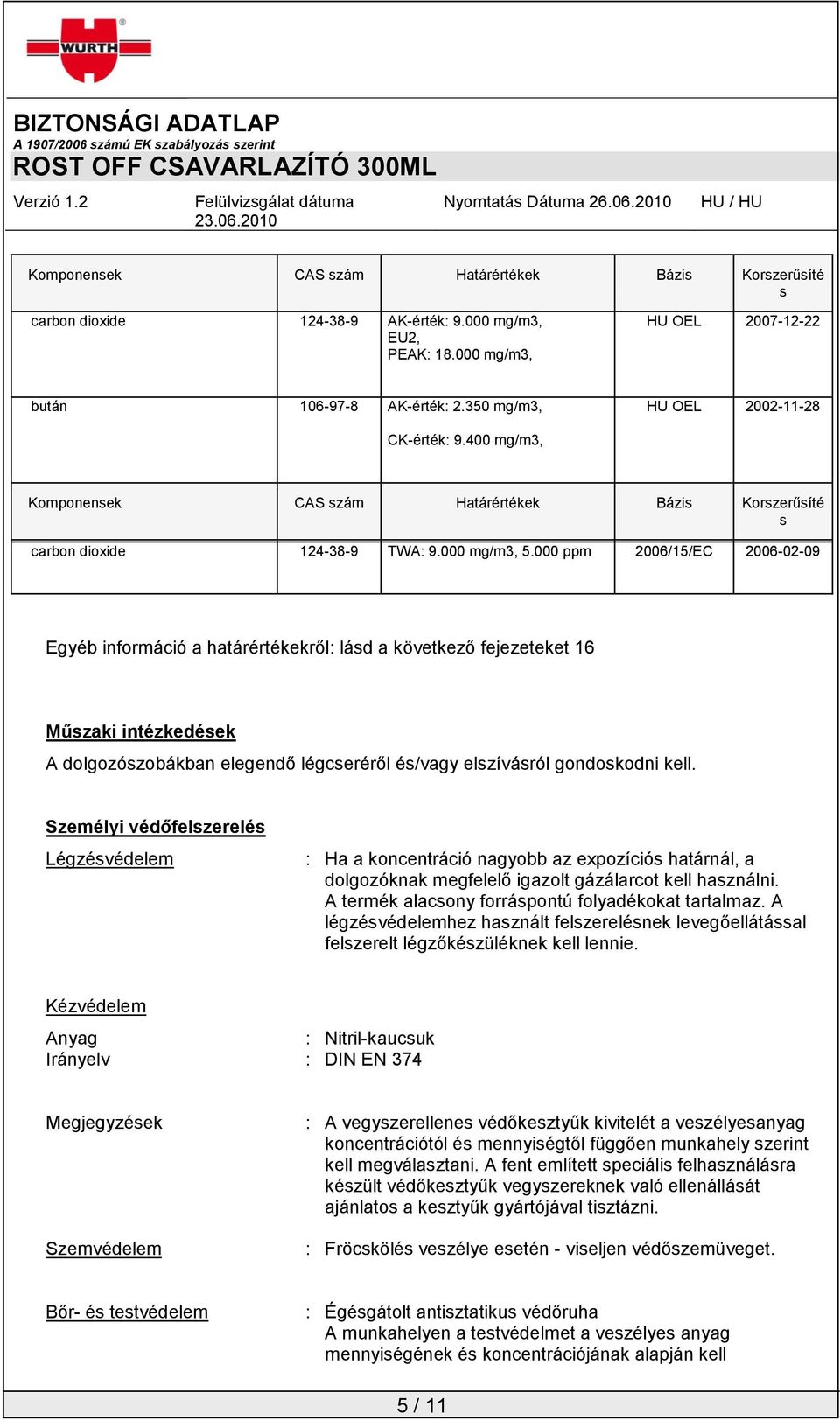 000 ppm 2006/15/EC 2006-02-09 Egyéb információ a határértékekről: lásd a következő fejezeteket 16 Műszaki intézkedések A dolgozószobákban elegendő légcseréről és/vagy elszívásról gondoskodni kell.