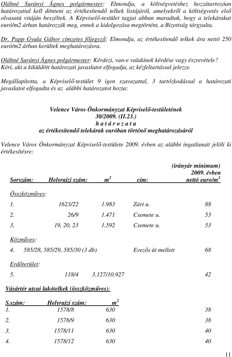 Papp Gyula Gábor címzetes főjegyző: Elmondja, az értékesítendő telkek ára nettó 250 euró/m2 árban kerültek meghatározásra.