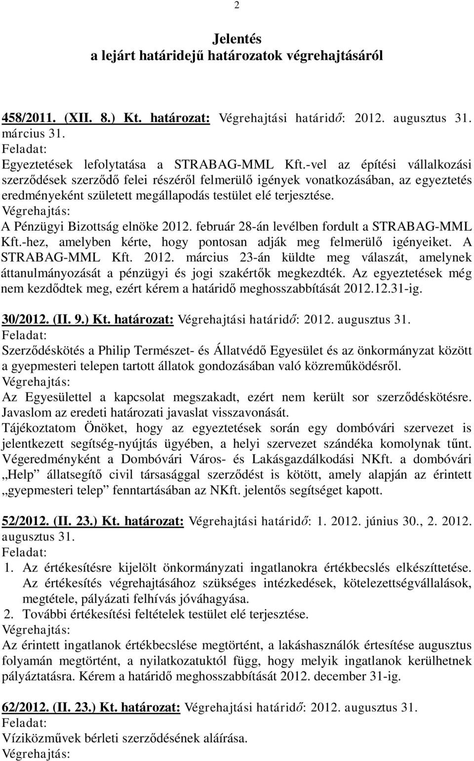 A Pénzügyi Bizottság elnöke 2012. február 28-án levélben fordult a STRABAG-MML Kft.-hez, amelyben kérte, hogy pontosan adják meg felmerülő igényeiket. A STRABAG-MML Kft. 2012. március 23-án küldte meg válaszát, amelynek áttanulmányozását a pénzügyi és jogi szakértők megkezdték.