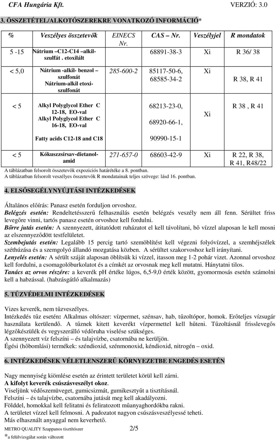 EO-val Alkyl Polyglycol Ether C 16-18, EO-val 68213-23-0, 68920-66-1, Xi R 38, R 41 Fatty acids C12-18 and C18 90990-15-1 < 5 Kókuszzsírsav-dietanolamid METRO QUALITY Szappanos tisztítószer 2/5