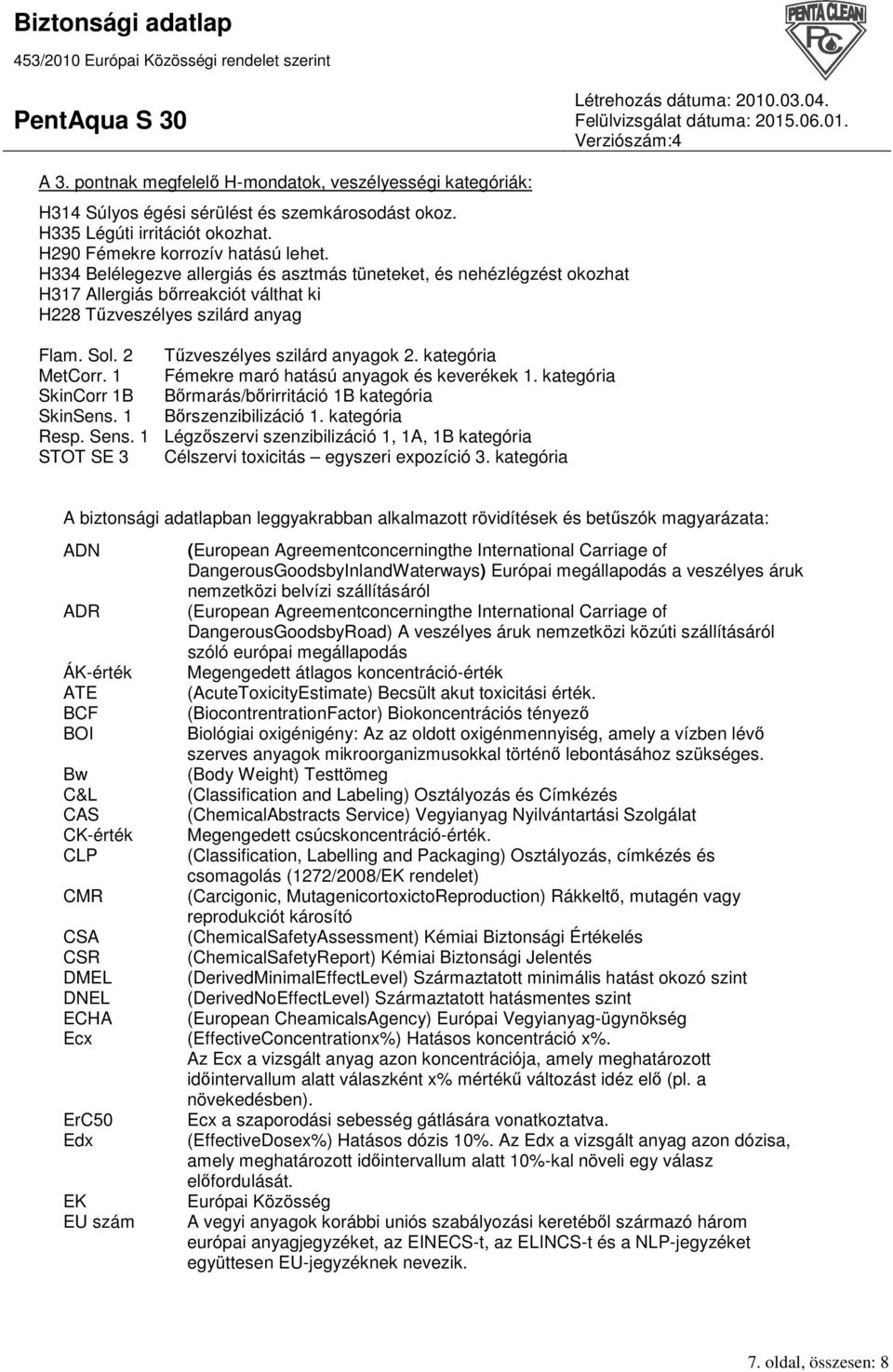 kategória MetCorr. 1 Fémekre maró hatású anyagok és keverékek 1. kategória SkinCorr 1B Bırmarás/bırirritáció 1B kategória SkinSens. 1 Bırszenzibilizáció 1. kategória Resp. Sens.