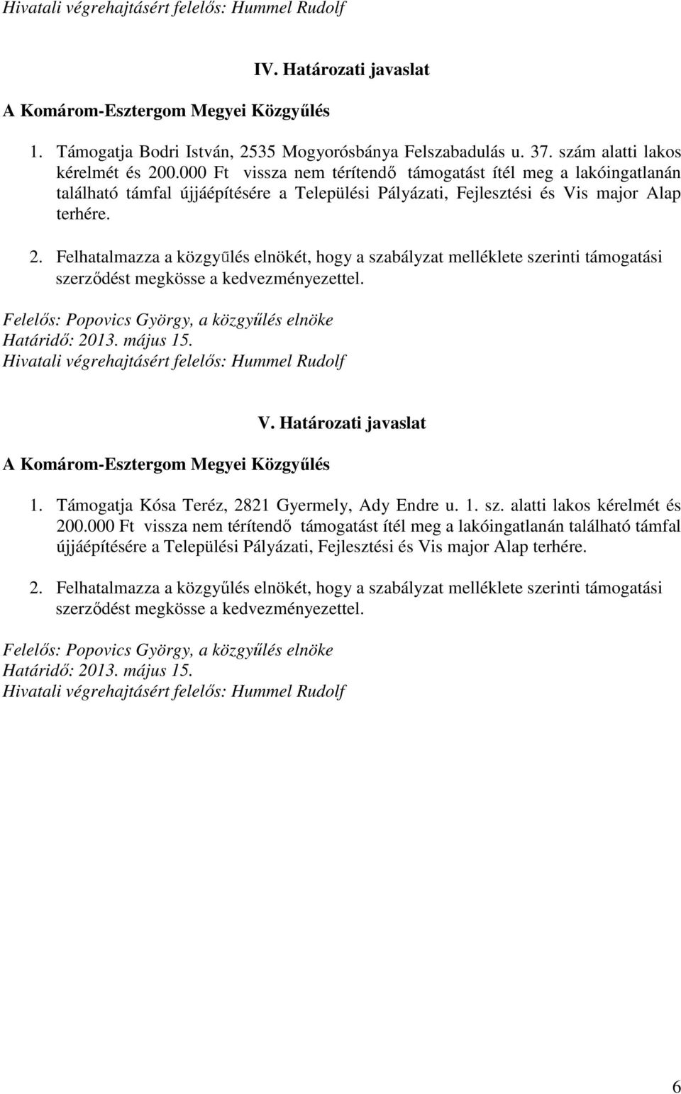 Felhatalmazza a közgy lés elnökét, hogy a szabályzat melléklete szerinti támogatási V. Határozati javaslat 1. Támogatja Kósa Teréz, 2821 Gyermely, Ady Endre u. 1. sz. alatti lakos kérelmét és 200.