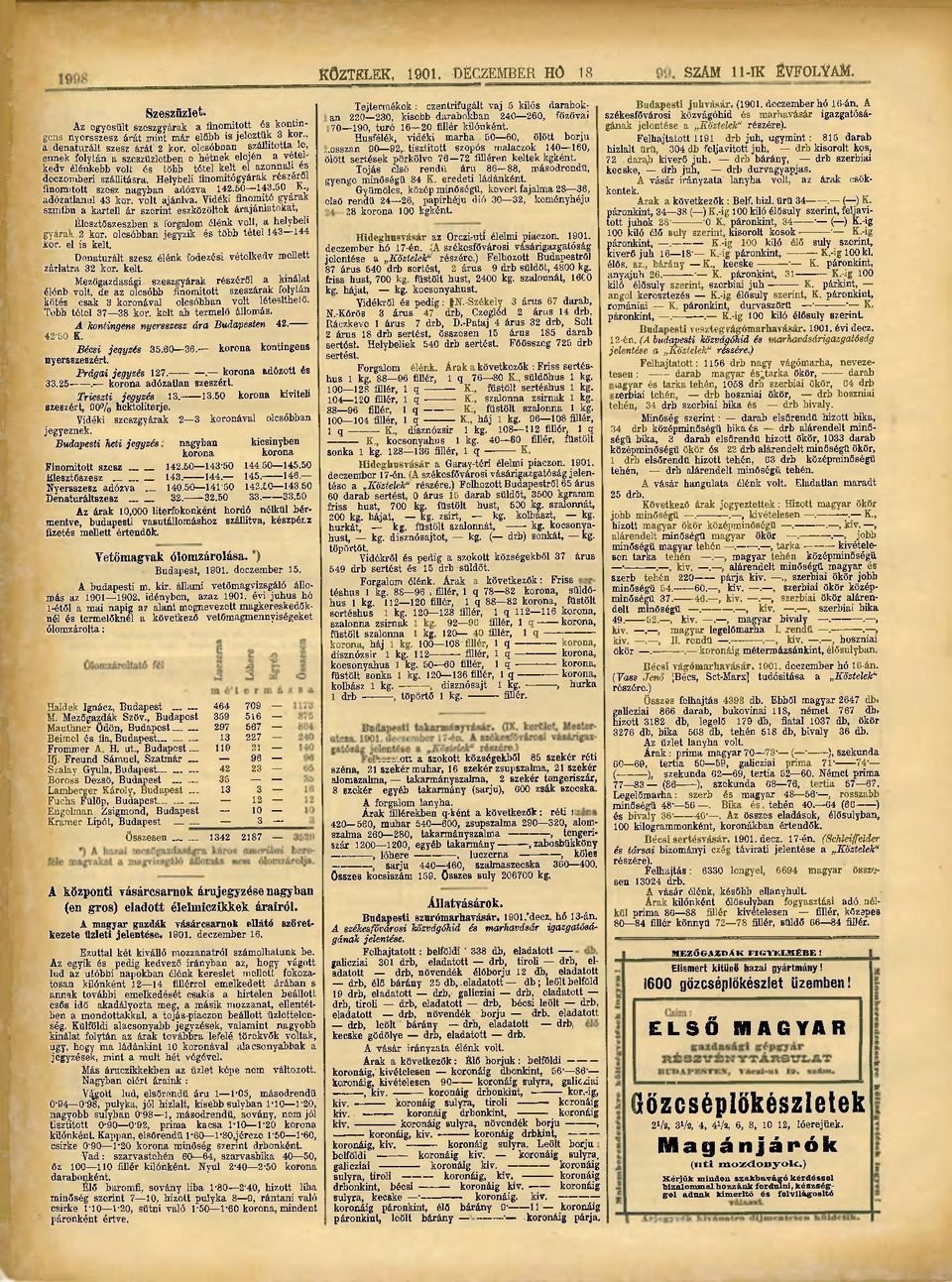 Helybeli finomitógyárak részéről finomított szesz nagyban adózva 142.50 143.50 K., adózatlanul 43 kor. volt ajánlva.