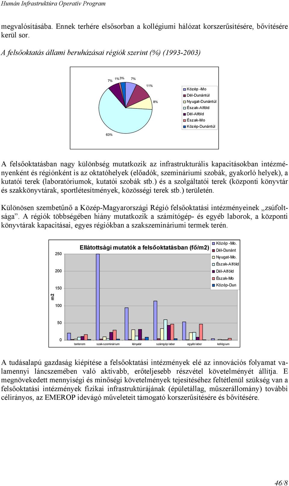 különbség mutatkozik az infrastrukturális kapacitásokban intézményenként és régiónként is az oktatóhelyek (előadók, szemináriumi szobák, gyakorló helyek), a kutatói terek (laboratóriumok, kutatói