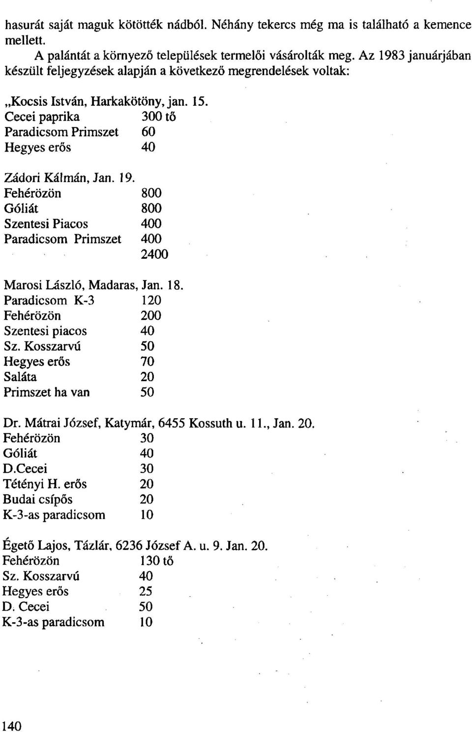 19. Fehérözön 800 Góliát 800 Szentesi Piacos 400 Paradicsom Primszet 400 2400 Marosi László, Madaras, Jan. 18. Paradicsom K-3 120 Fehérözön 200 Szentesi piacos 40 Sz.