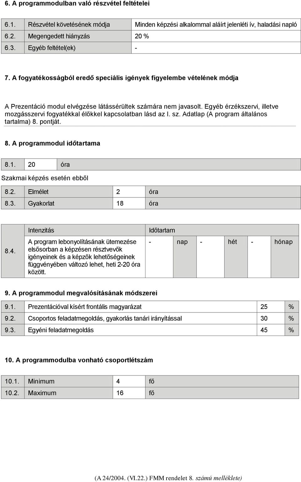 Egyéb érzékszervi, illetve mozgásszervi fogyatékkal élőkkel kapcsolatban lásd az I. sz. Adatlap (A program általános tartalma) 8. pontját. 8. A programmodul időtartama 8.1.