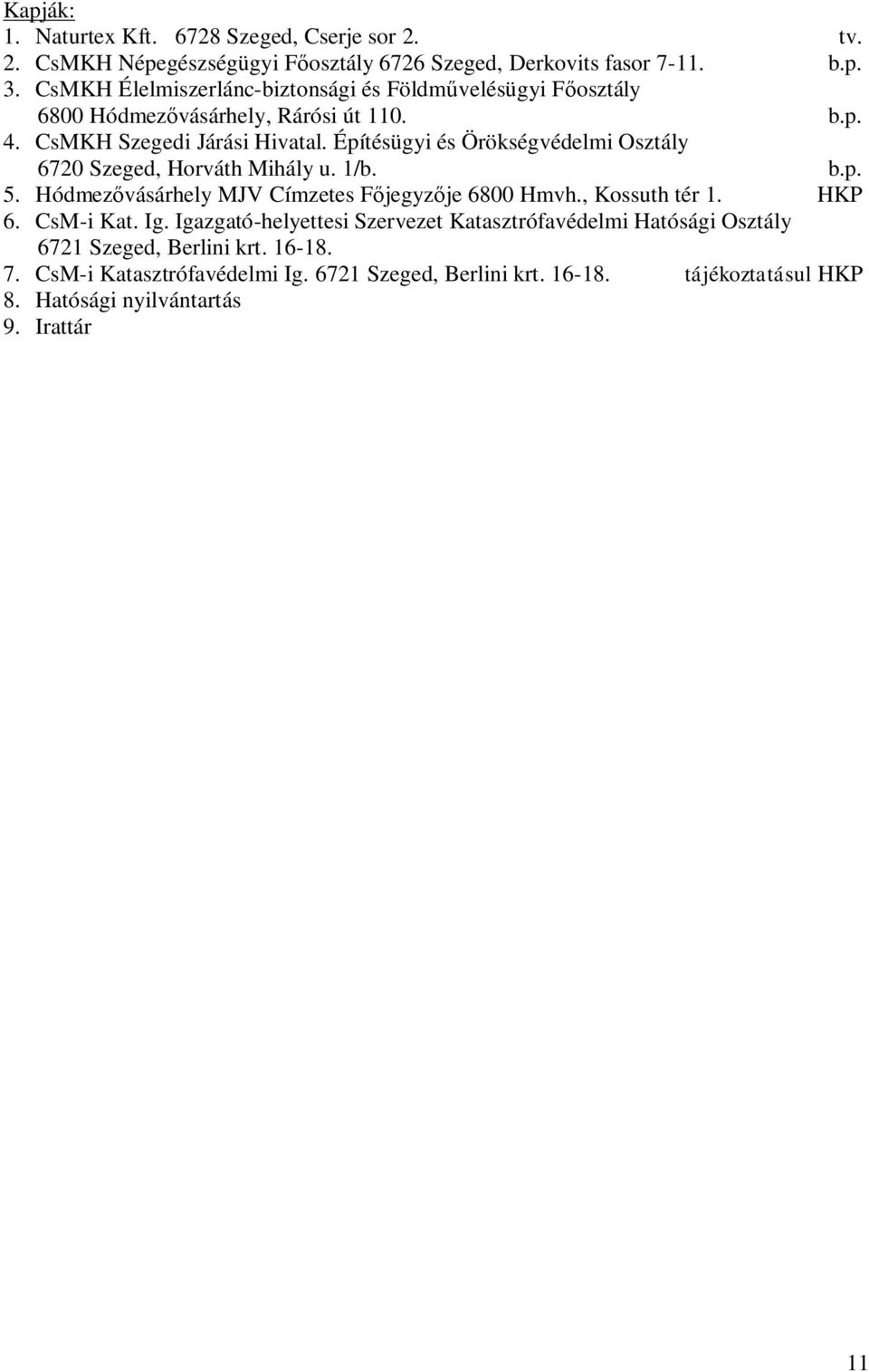 Építésügyi és Örökségvédelmi Osztály 6720 Szeged, Horváth Mihály u. 1/b. b.p. 5. Hódmez vásárhely MJV Címzetes F jegyz je 6800 Hmvh., Kossuth tér 1. HKP 6. CsM-i Kat.