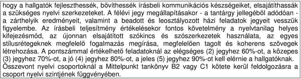 Az írásbeli teljesítmény értékelésekor fontos követelmény a nyelvtanilag helyes kifejezésmód, az újonnan elsajátított szókincs és szószerkezetek használata, az egyes stílusrétegeknek megfelelő